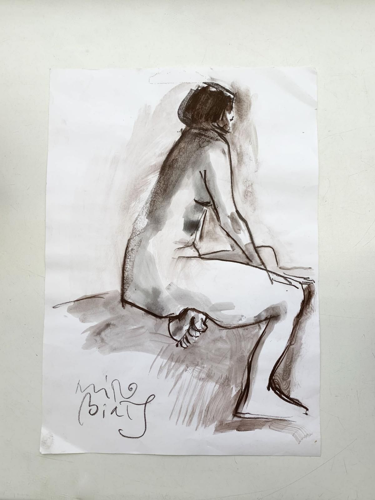 Miro Białynude   Contemporary Figurative Watercolor Painting, Black & White, Polish Art2018 photo furniture