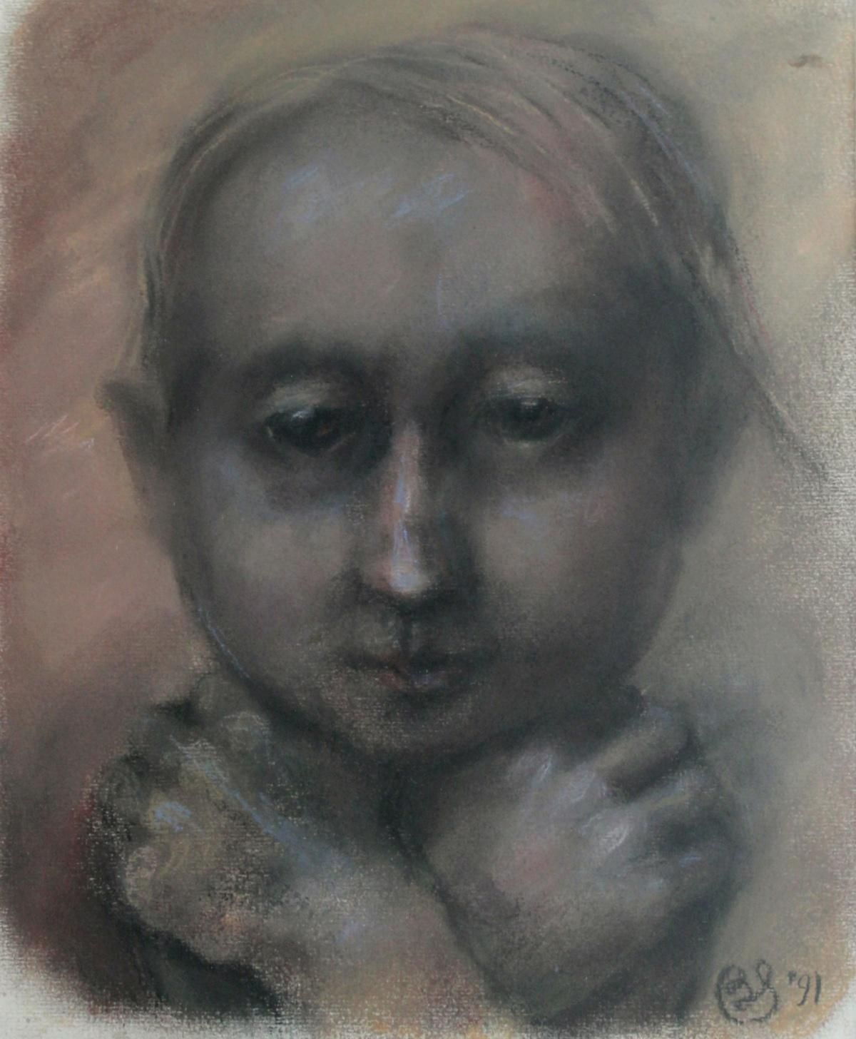 Barbara Dyoniziak Stussthoughtful   Xxi Century, Figurative Pastel Portrait, Symbolic, Dark Colours1991