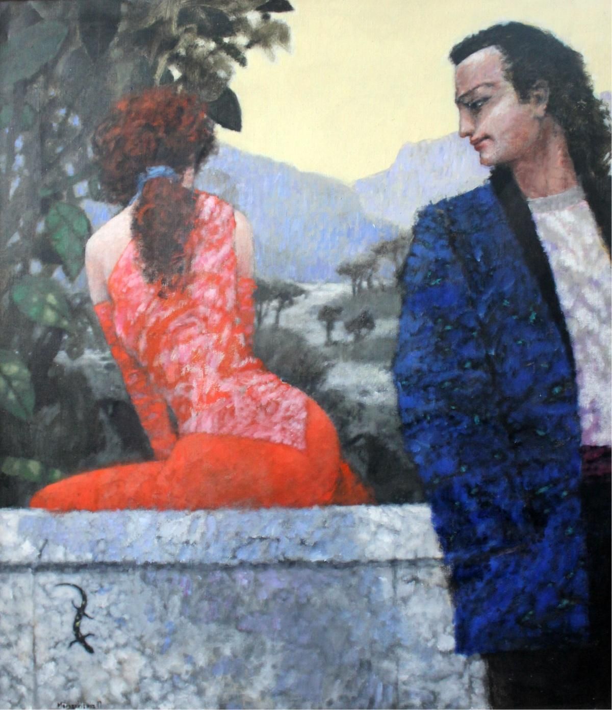 Adam Marczukiewicza Meeting   Figurative Oil Painting, A Couple, Landscape, Blue & Red1996