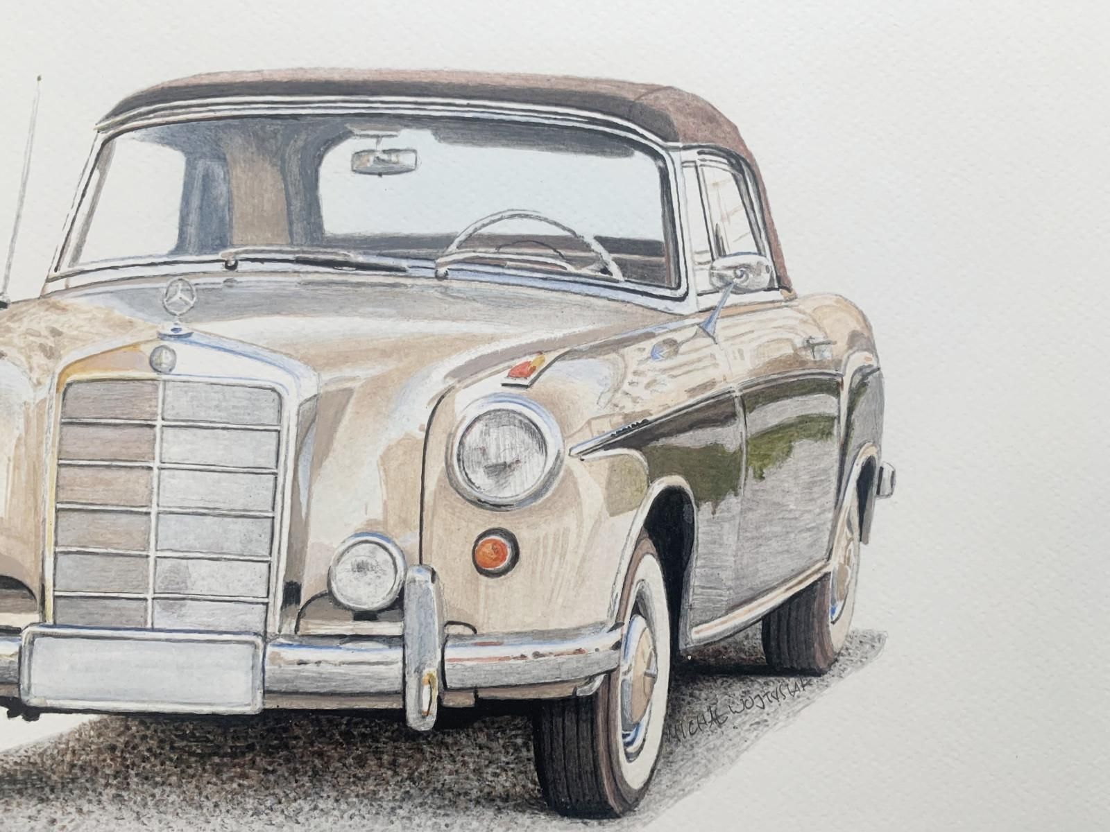 Michal Wojtysiakmercedes W128 Ponton. Figurative Acrylic On Paper Car Painting Polish Art2023 photo furniture