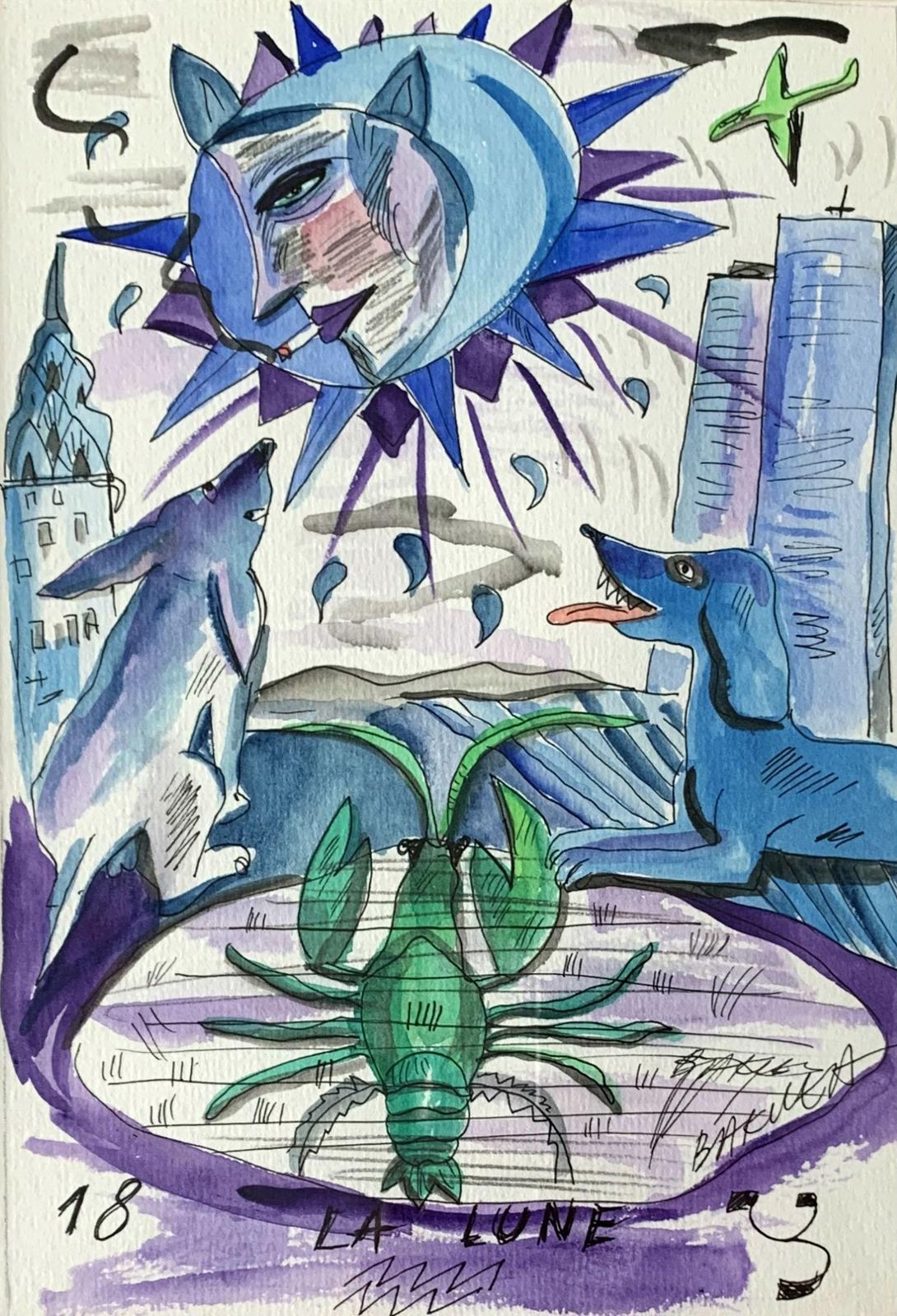 Hanna Bakułala Lune   Watercolor Painting, Figurative, Colourful, Blue Green & Purple2007