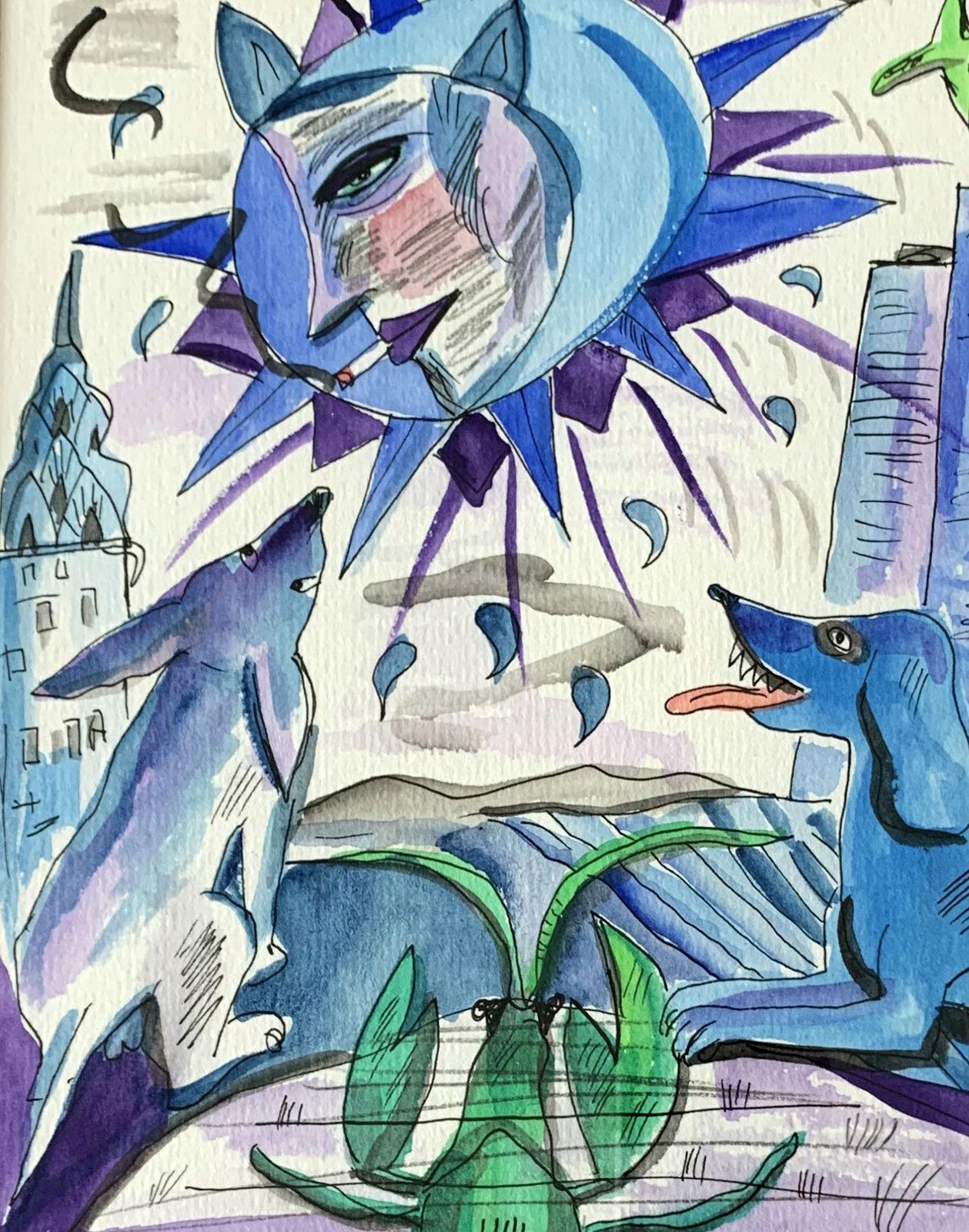 Hanna Bakułala Lune   Watercolor Painting, Figurative, Colourful, Blue Green & Purple2007 photo for sale