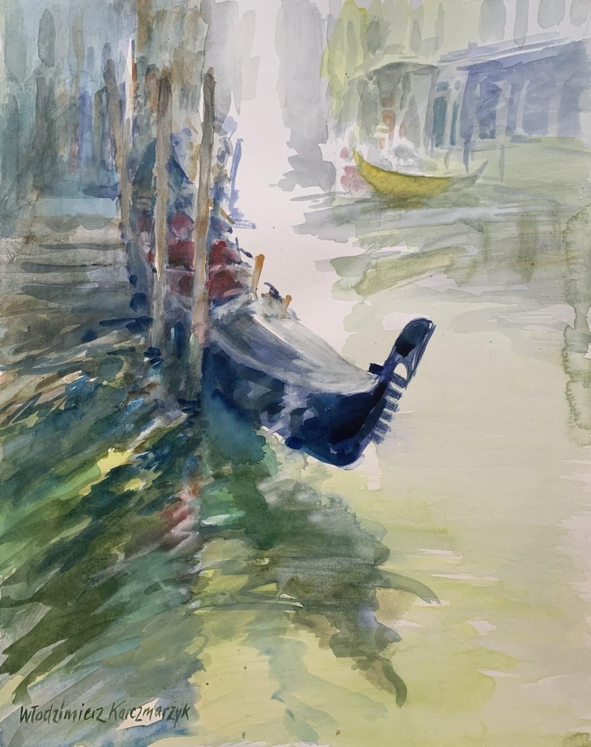 Włodzimierz Karczmarzykvenice, Gondola On A Stop. Watercolor, Realistic, Classic, Polish Artist2010
