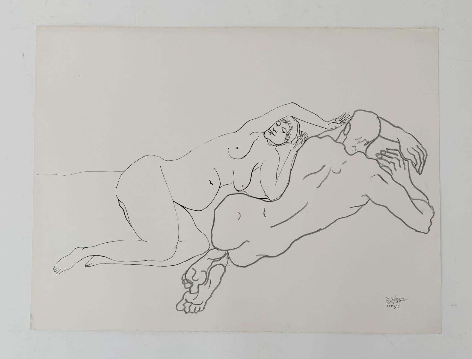 Leszek Rózgalaying Ones   Minimalistic Pencil Drawing On Paper, Couple, Nude, Black & White1987 photo furniture