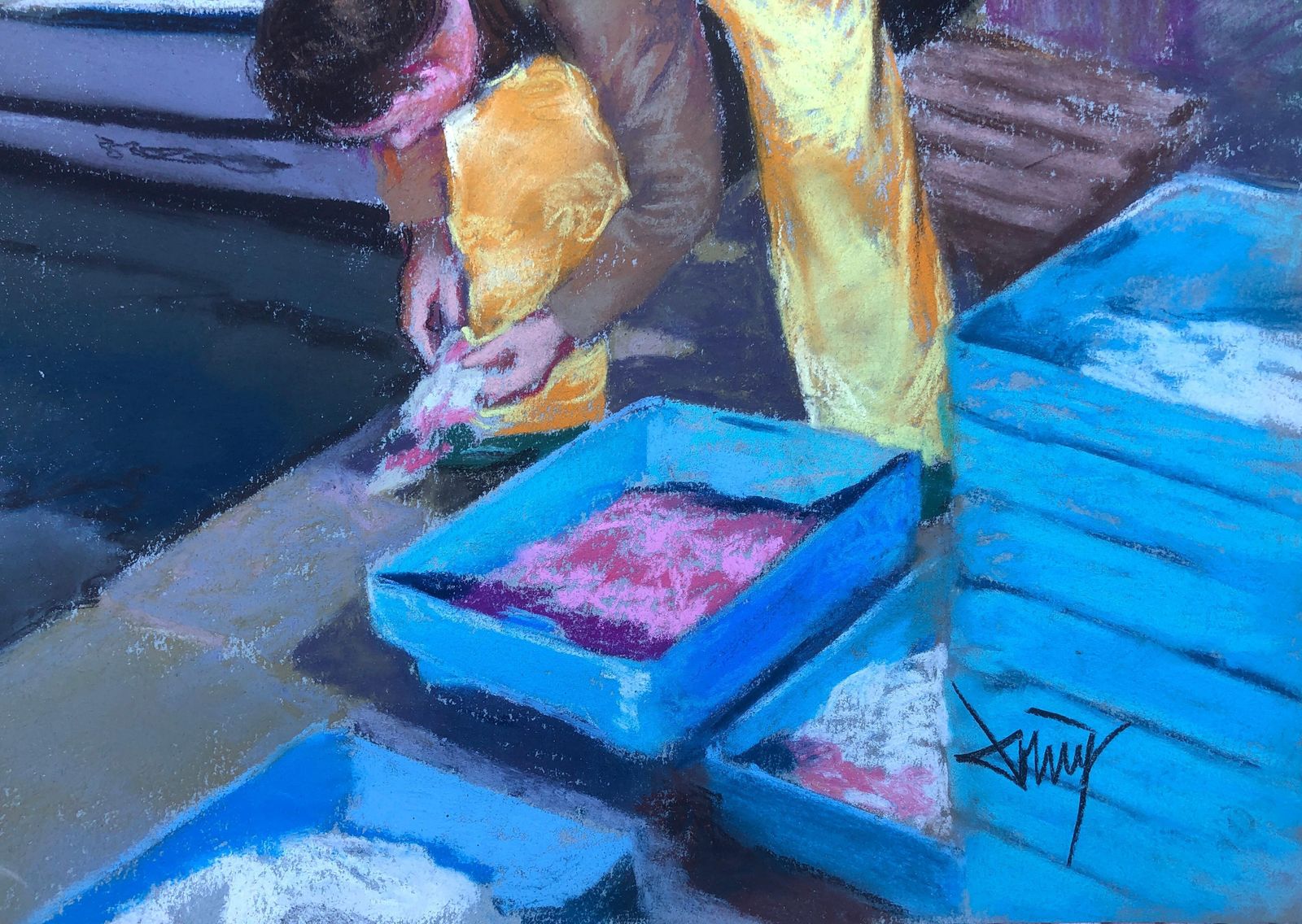 Domingo Alvarez Gomez Sailor Fisherman In His Boat Spain Pastel Painting Seascape C.2000 photo furniture