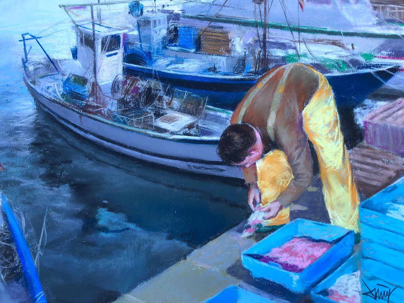 Domingo Alvarez Gomez Sailor Fisherman In His Boat Spain Pastel Painting Seascape C.2000 photo buy