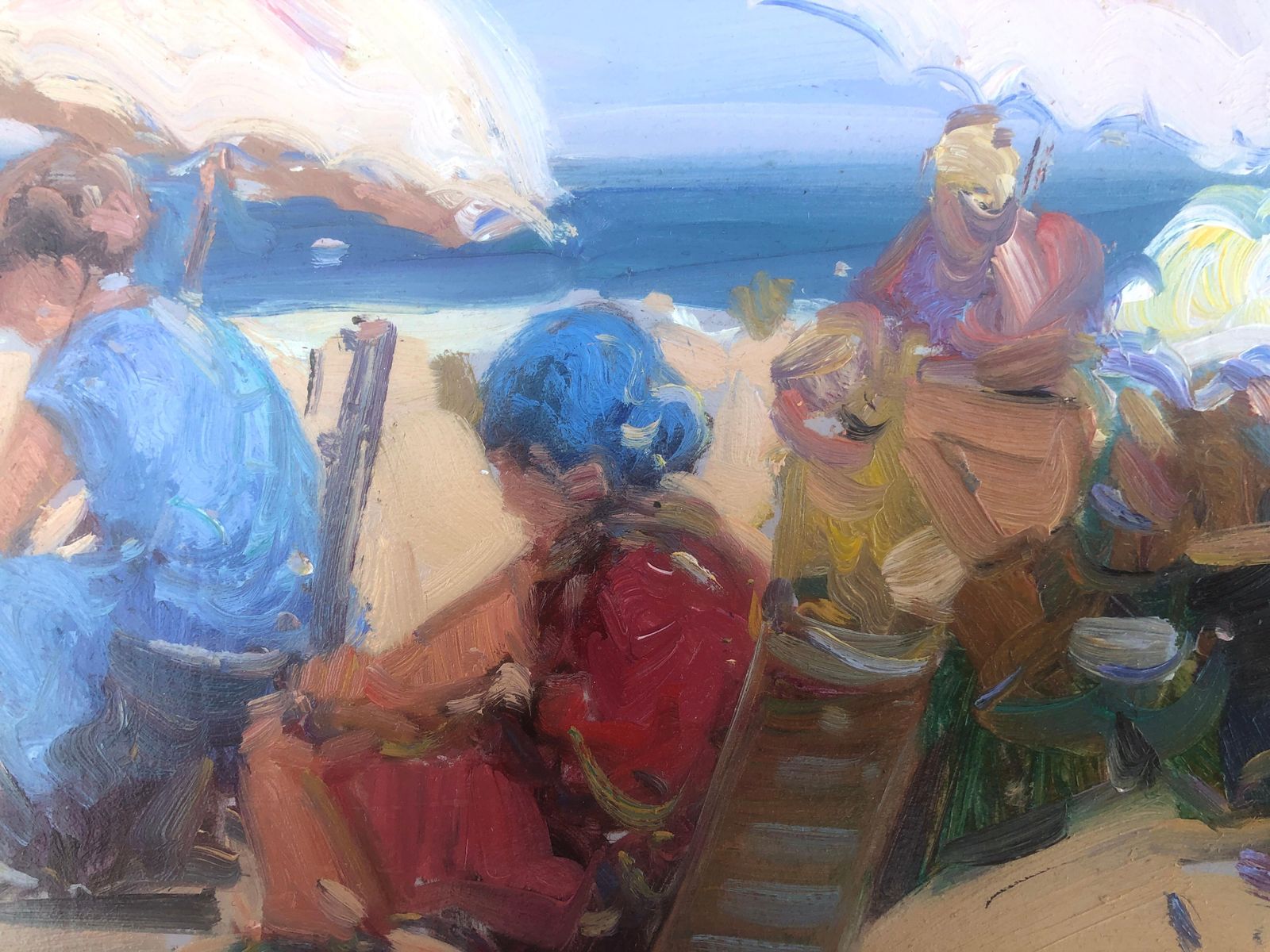 Gabriel Casarrubios Spanish Beach Scene With Figures And Parasols, Mediterranean Impressionist Oil C.2000 photo 450.0