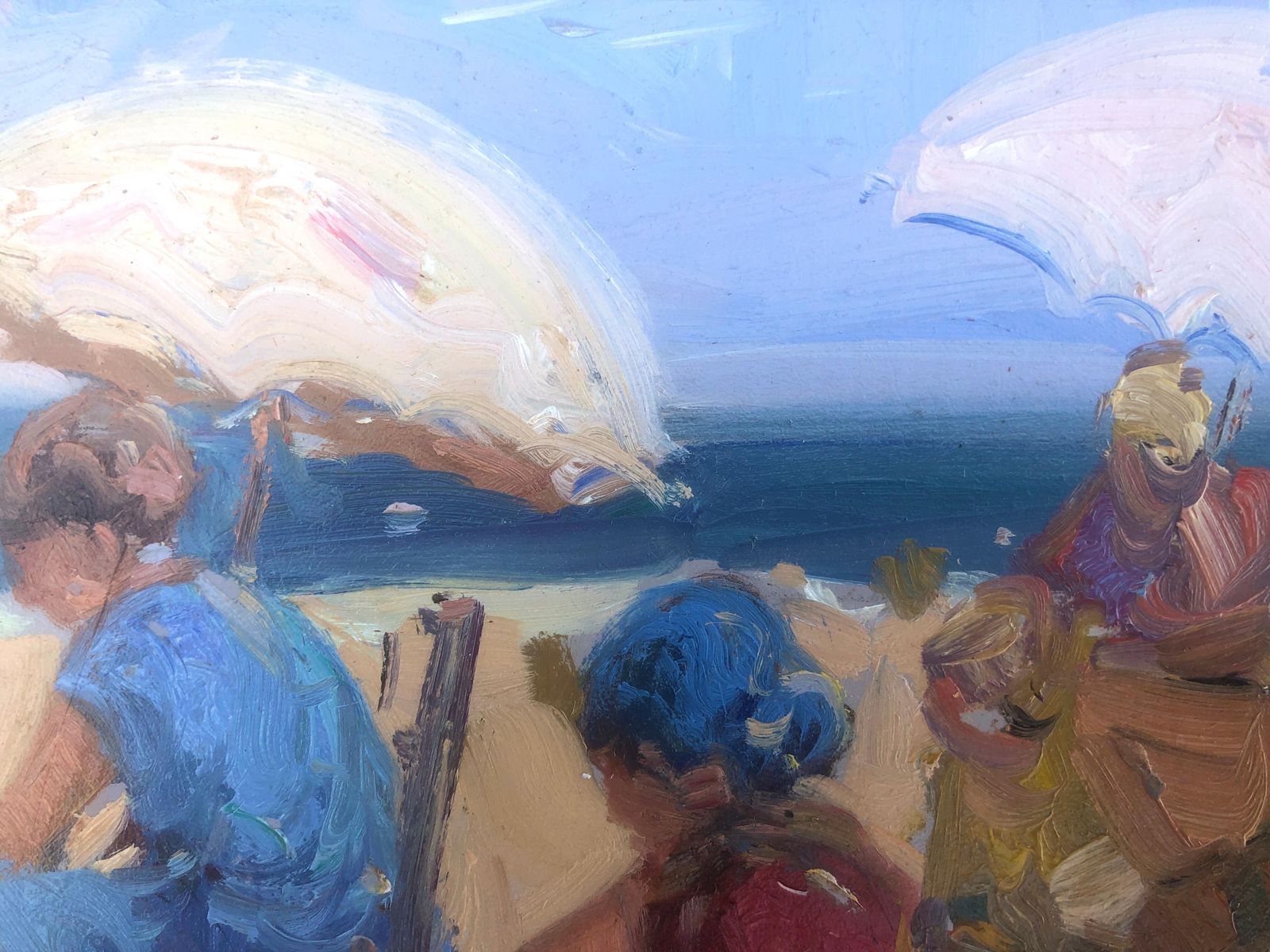 Gabriel Casarrubios Spanish Beach Scene With Figures And Parasols, Mediterranean Impressionist Oil C.2000 photo vinterior