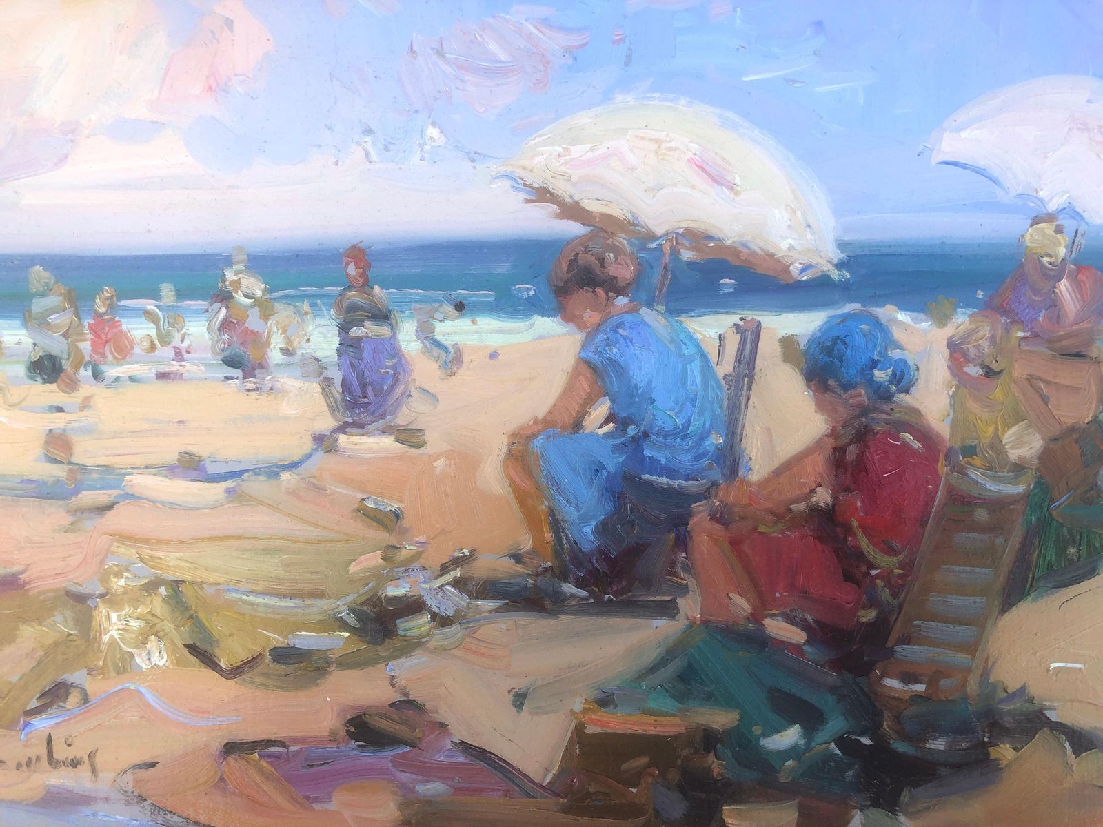 Gabriel Casarrubios Spanish Beach Scene With Figures And Parasols, Mediterranean Impressionist Oil C.2000 photo buy