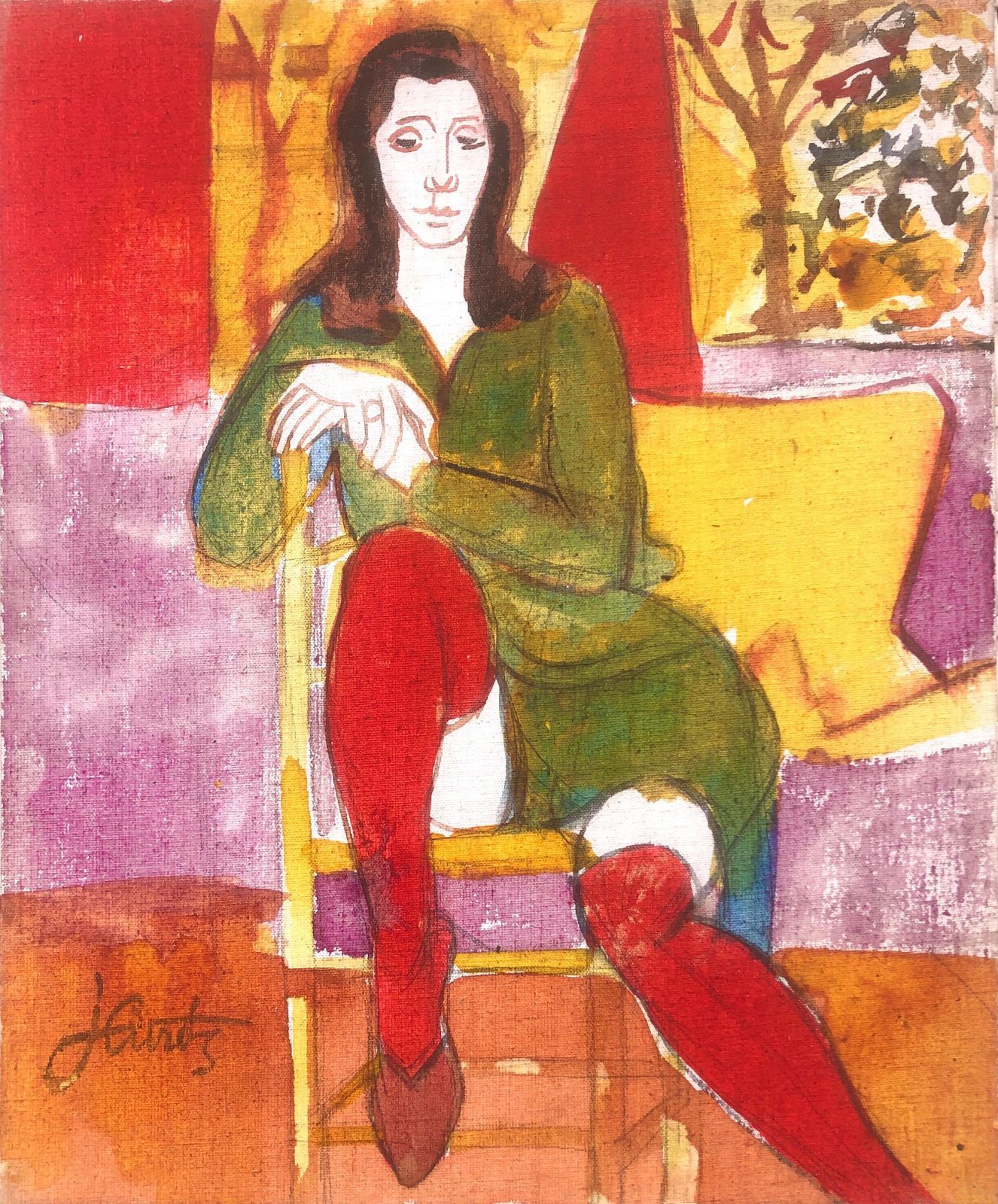 Jordi Curos Woman Posing Mixed Media Painting 1979