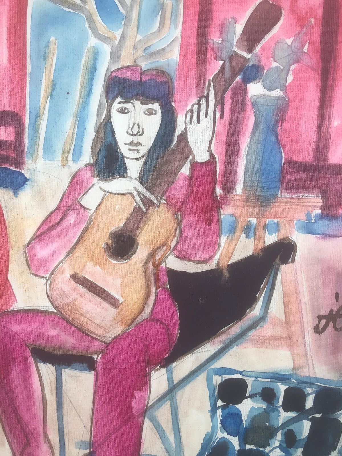 Jordi Curos Woman With Guitar Mixed Media Painting C.1985 photo buy