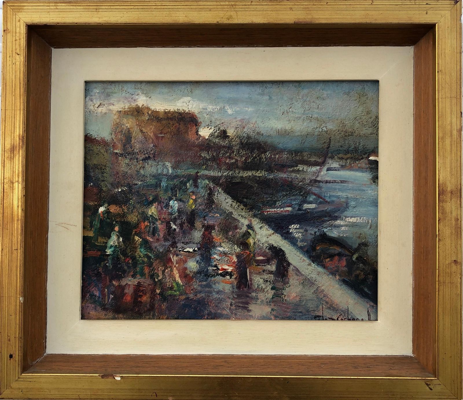 Rosendo Gonzalez Carbonell Life By The Pier Spain Spanish Landscape Oil On Board Painting C.1980 photo furniture