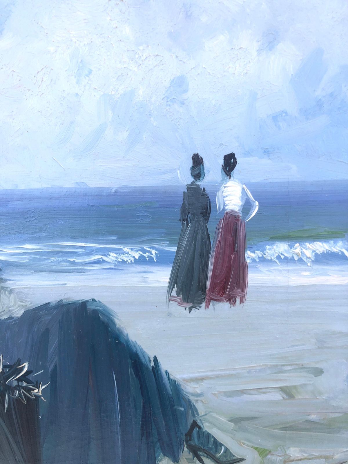 Unknown Elegant Ladies On The Beach Spanish Seaside Figurative Oil Painting 20th Century C.1980 photo Art