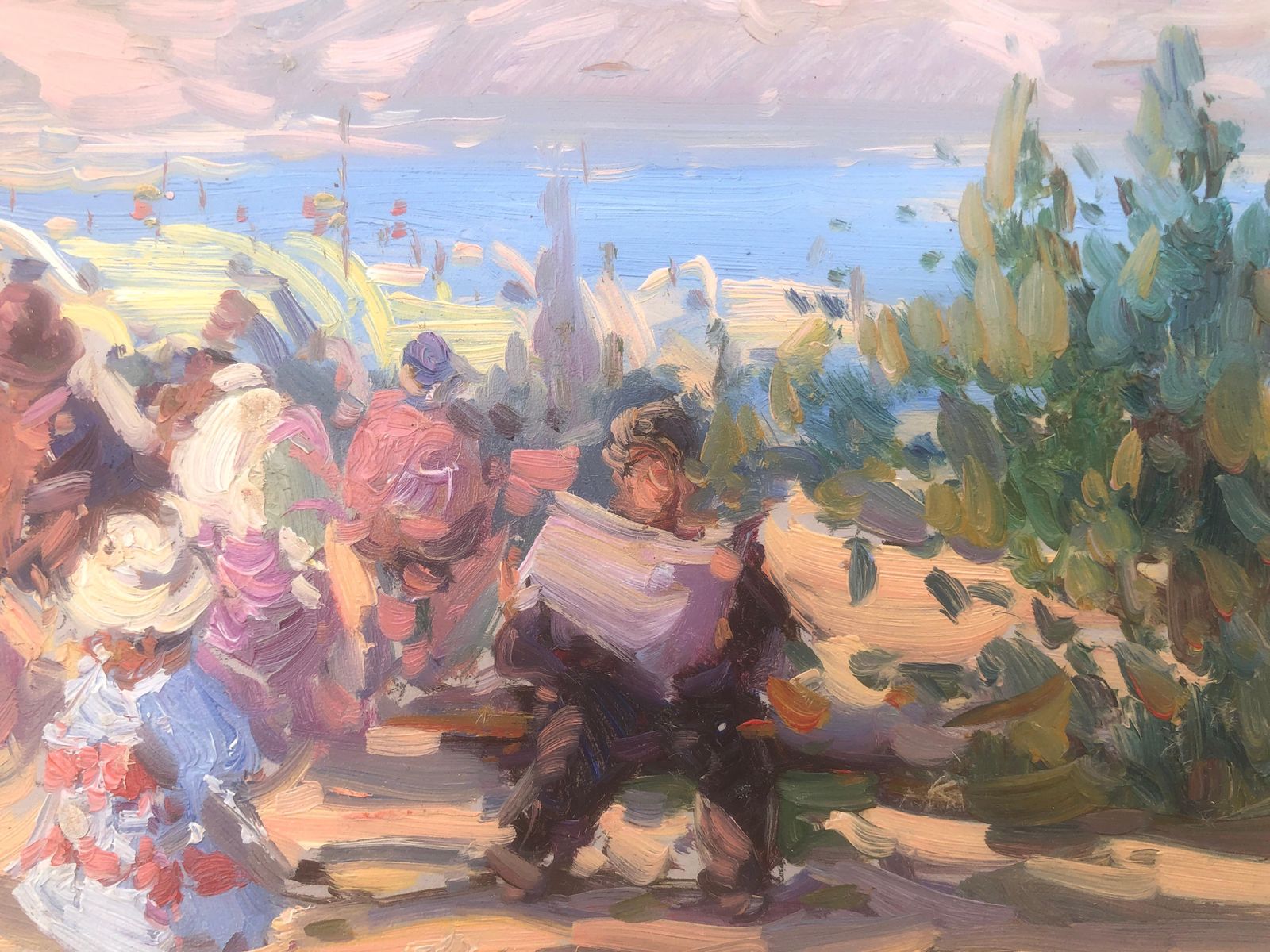 Gabriel Casarrubios Spanish Mediterranean Picnic Scene By The Sea Post Impressionist Oil Painting C.2000 photo for sale