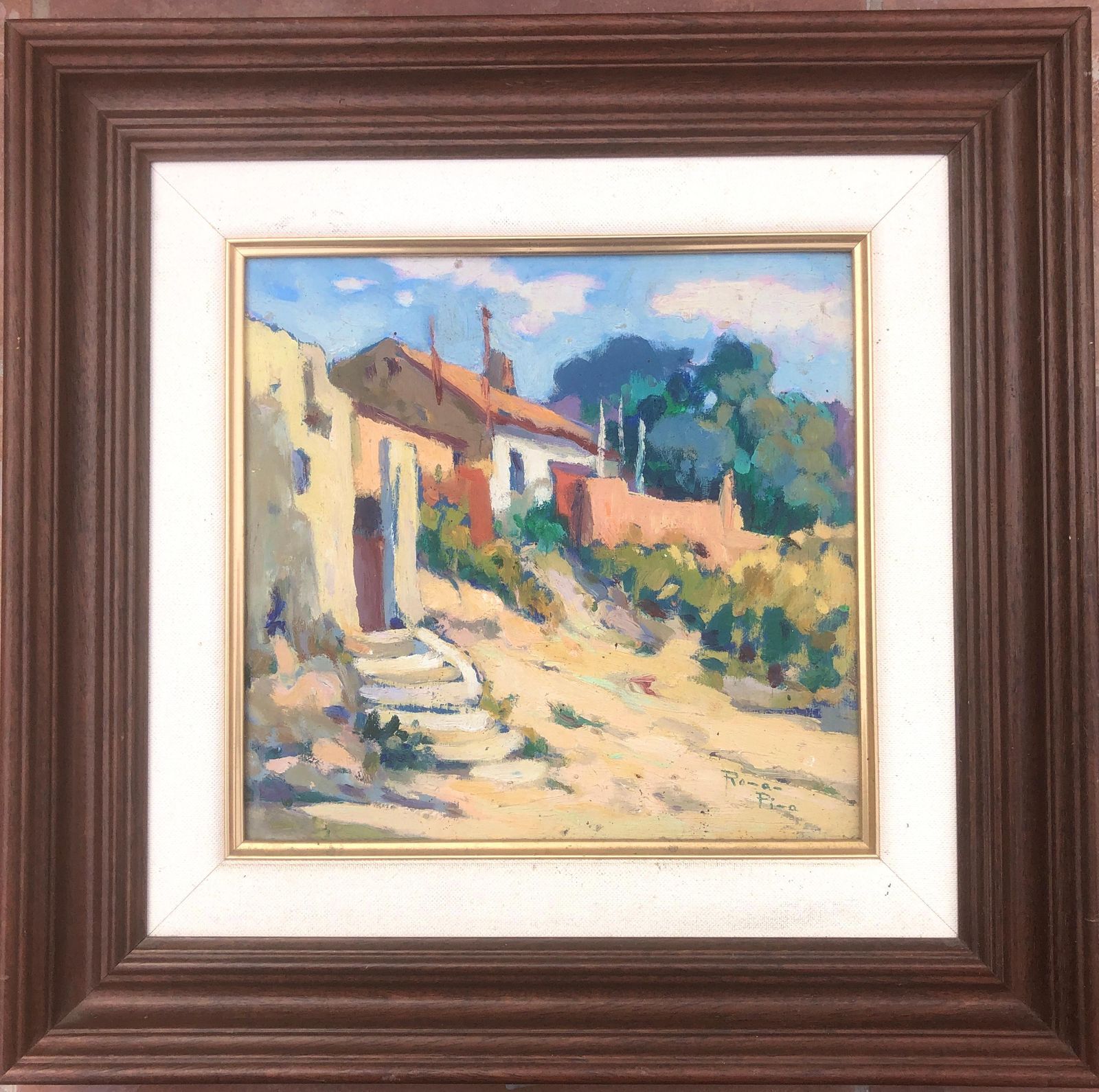 ángel Román Pina – Zonnig Spaans Dorpsgezicht, Post Impressionistisch Olieverfschilderij, Mediterraan Binnenplaatslandschap, Ca. 1960 photo furniture