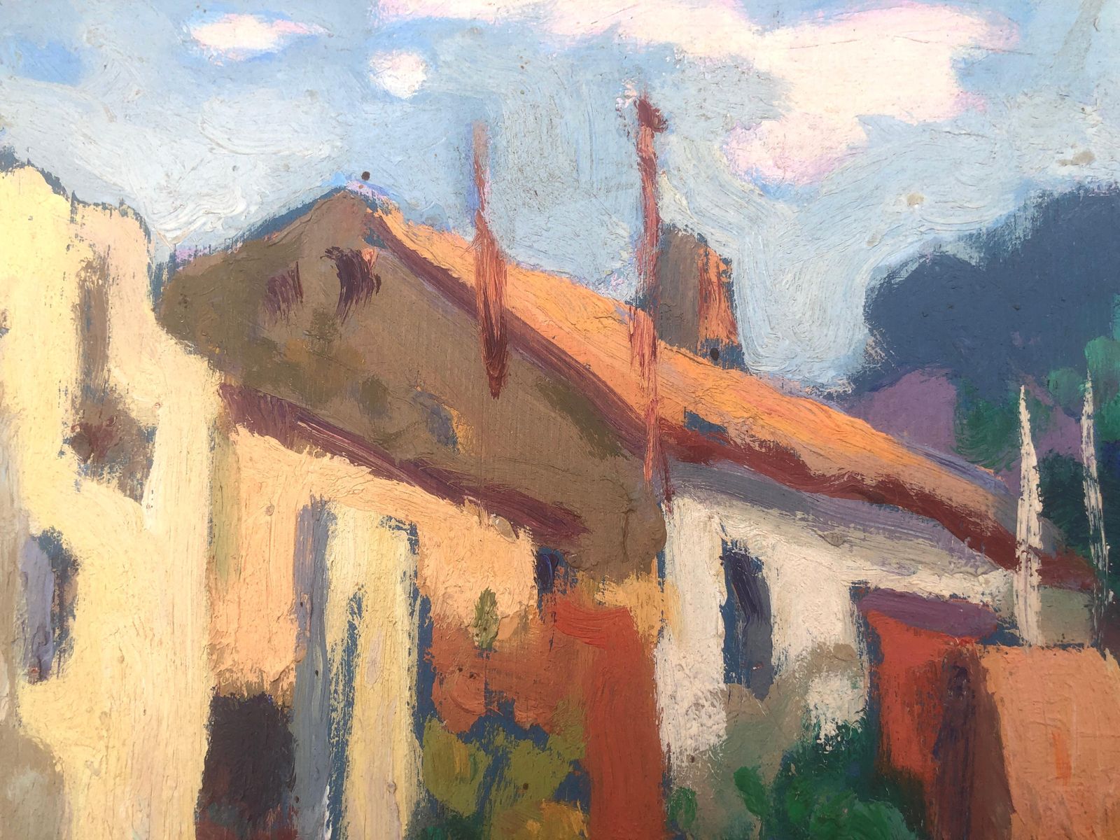ángel Román Pina – Zonnig Spaans Dorpsgezicht, Post Impressionistisch Olieverfschilderij, Mediterraan Binnenplaatslandschap, Ca. 1960 photo 550.0
