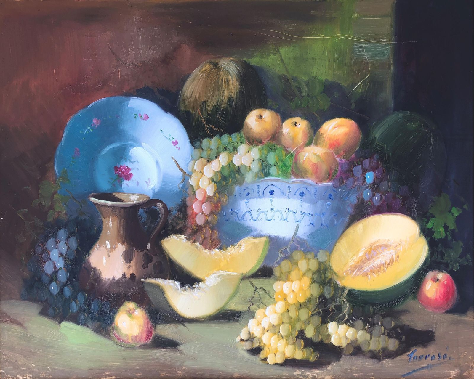 Vintage Spanish Fruit Still Life Oil Painting  1990