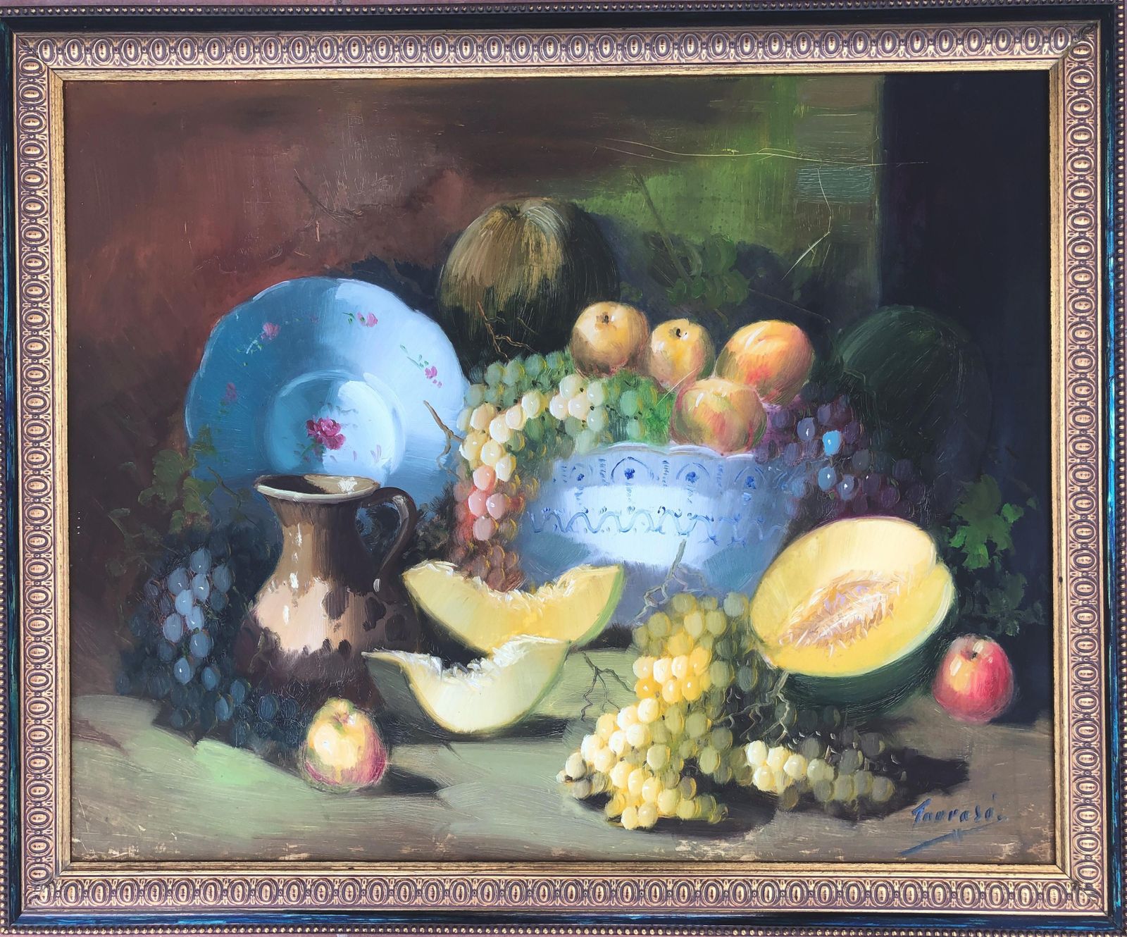 Vintage Spanish Fruit Still Life Oil Painting  1990 photo furniture