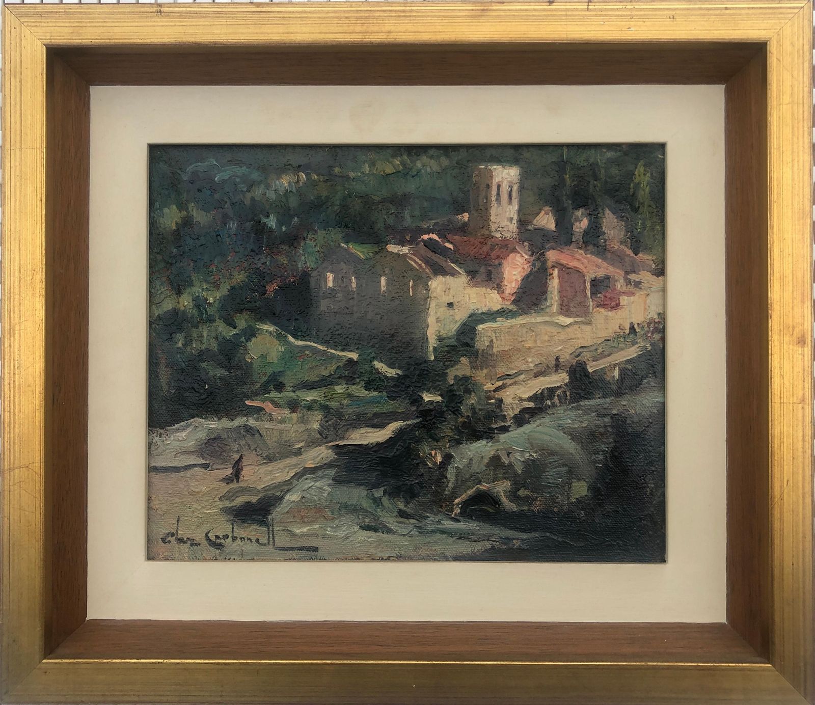 Rosendo Gonzalez Carbonell Spanish Landscape Oil On Board Painting Santa Creu D'olorda 1981 photo furniture