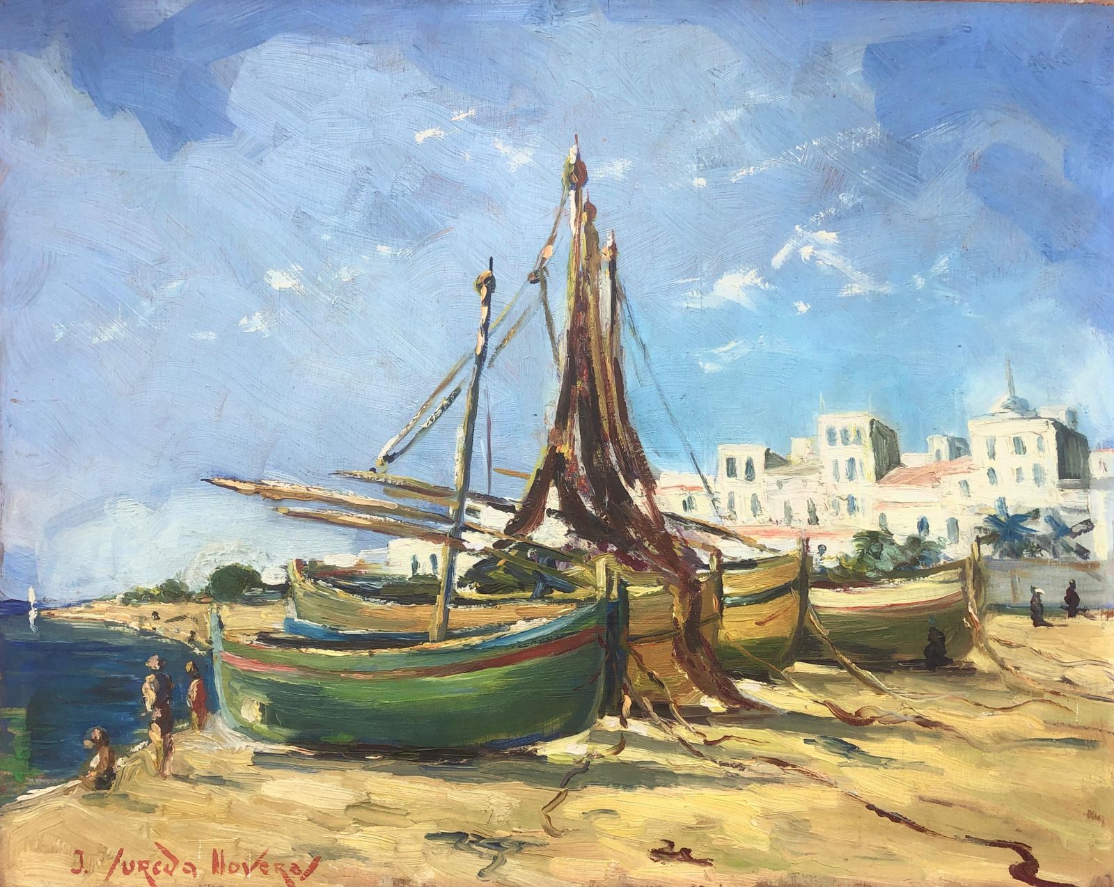 Onbekend – Mediterrane Vissersbootjes, Strand, Catalonië, Kustimpressionisme, Olieverf, Spaans, Ca. 1945