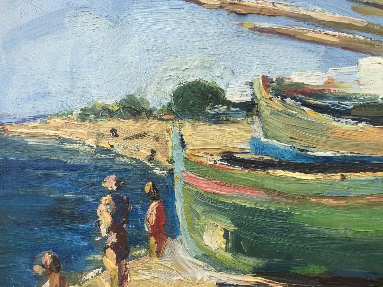 Unknown Mediterranean Fishing Boats Beach Catalonia Coastal Impressionist Oil Spanish C.1945 photo for sale