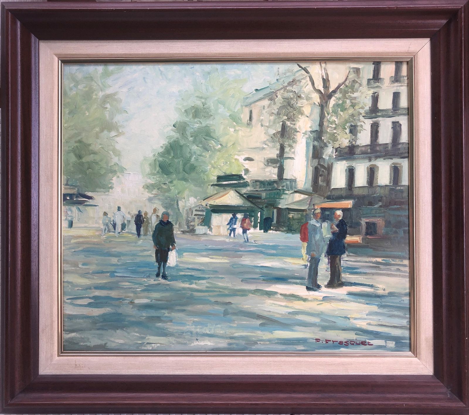 Pascual Fresquet Barcelona Street Scene Oil Canvas Painting Spanish Mediterranean Cityscape C.1985 photo furniture