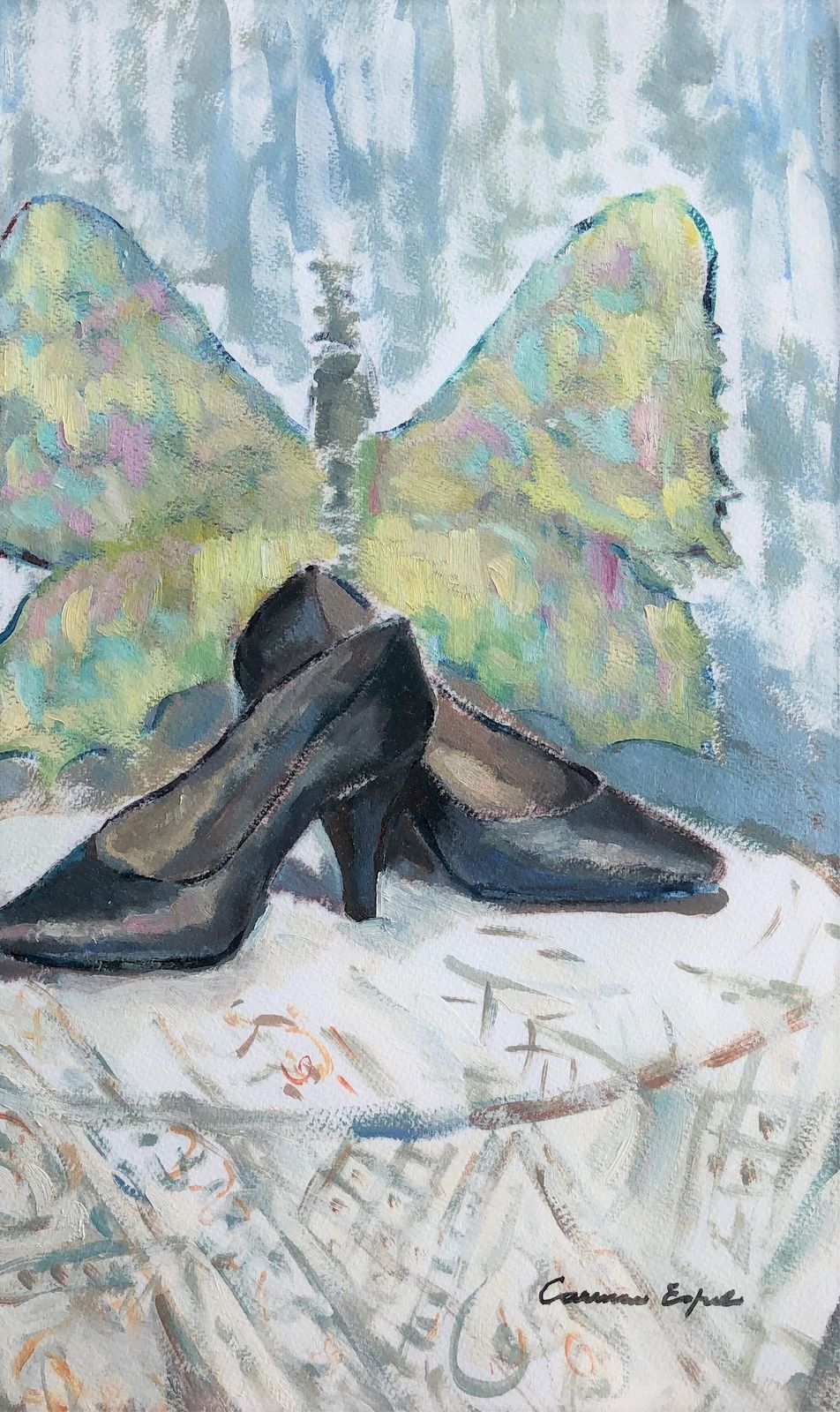 Carmen Espel Surreal Butterfly And High Heel Shoes Still Life, Post Impressionist Oil C.1980 photo for sale