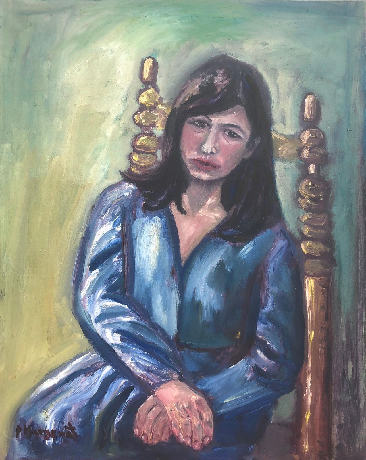 Pilar Margenat Mediterranean Woman In Blue Interior Portrait Spanish Post Impressionist Oil C.1975
