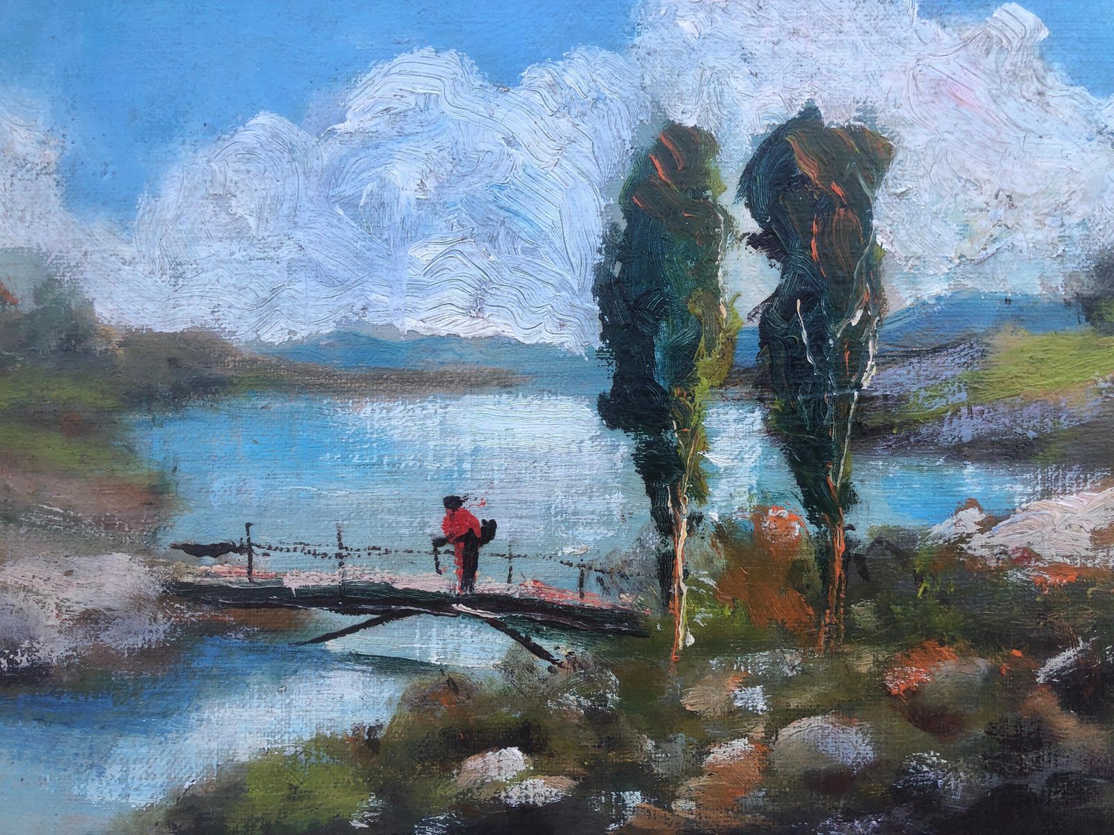Unknown Spanish Impressionist River Landscape With Bridge And Figure Oil Barbizon Style C.1925 photo buy