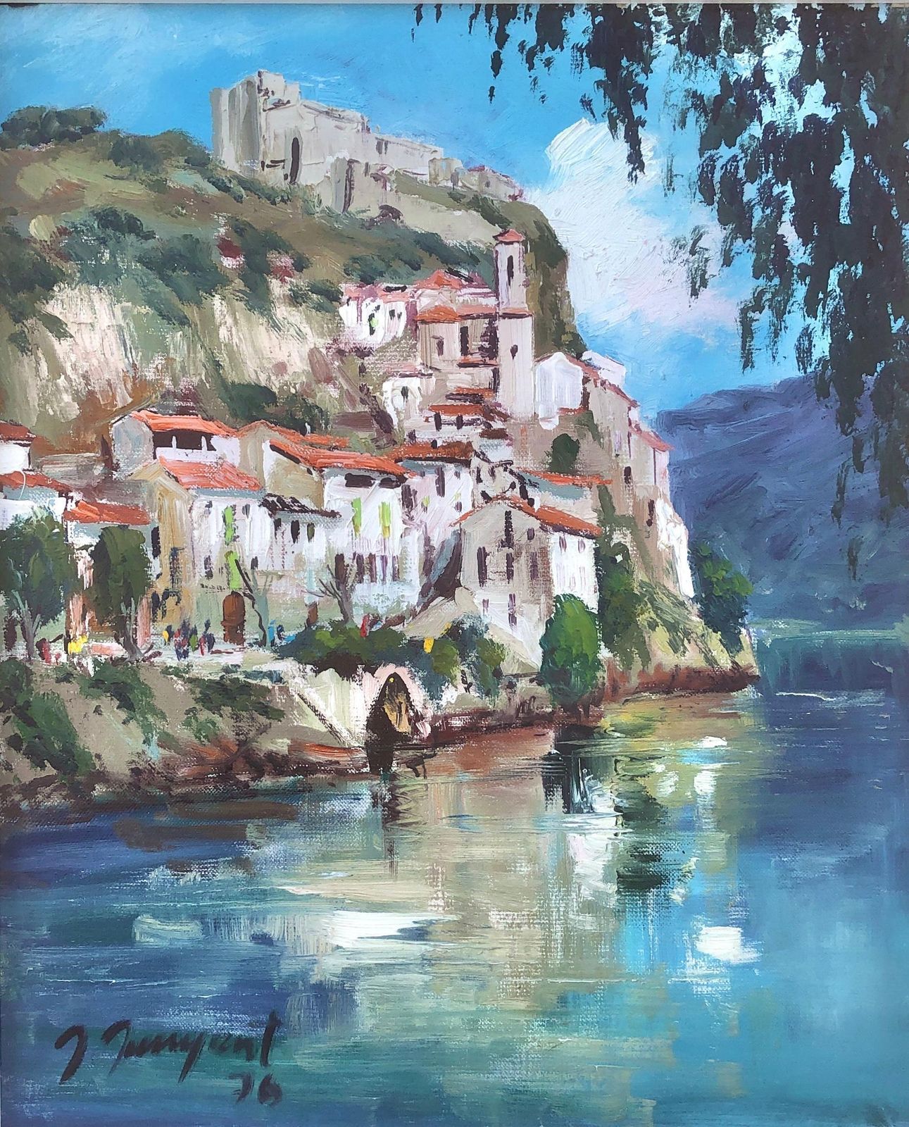 Albert Junyent Quinquer Spanish Mediterranean Village River Landscape Oil Painting Catalan Coast Spain 1976