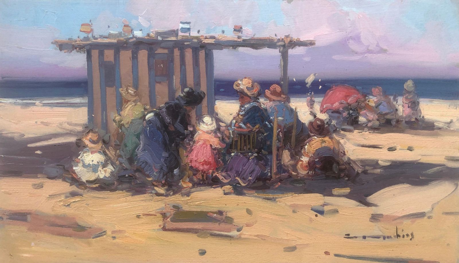 Gabriel Casarrubios Spanish People On The Beach Spain Oil On Board Painting C.2000