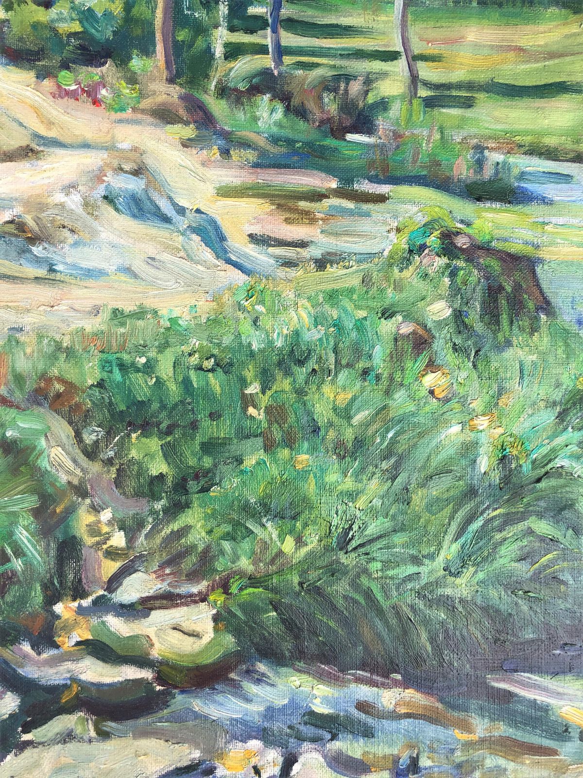 Gabriel Amat Pages Mid Century Mediterranean Landscape With Stream And Farmhouse, Spanish Impressionist Oil On Canvas 1950s photo for sale