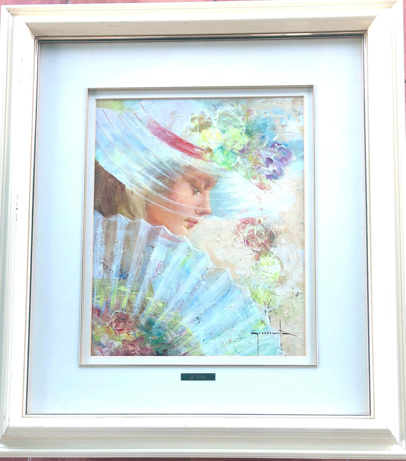 Gumersindo Vila Woman In Profile With Fan Oil On Board Painting C.2000 photo furniture