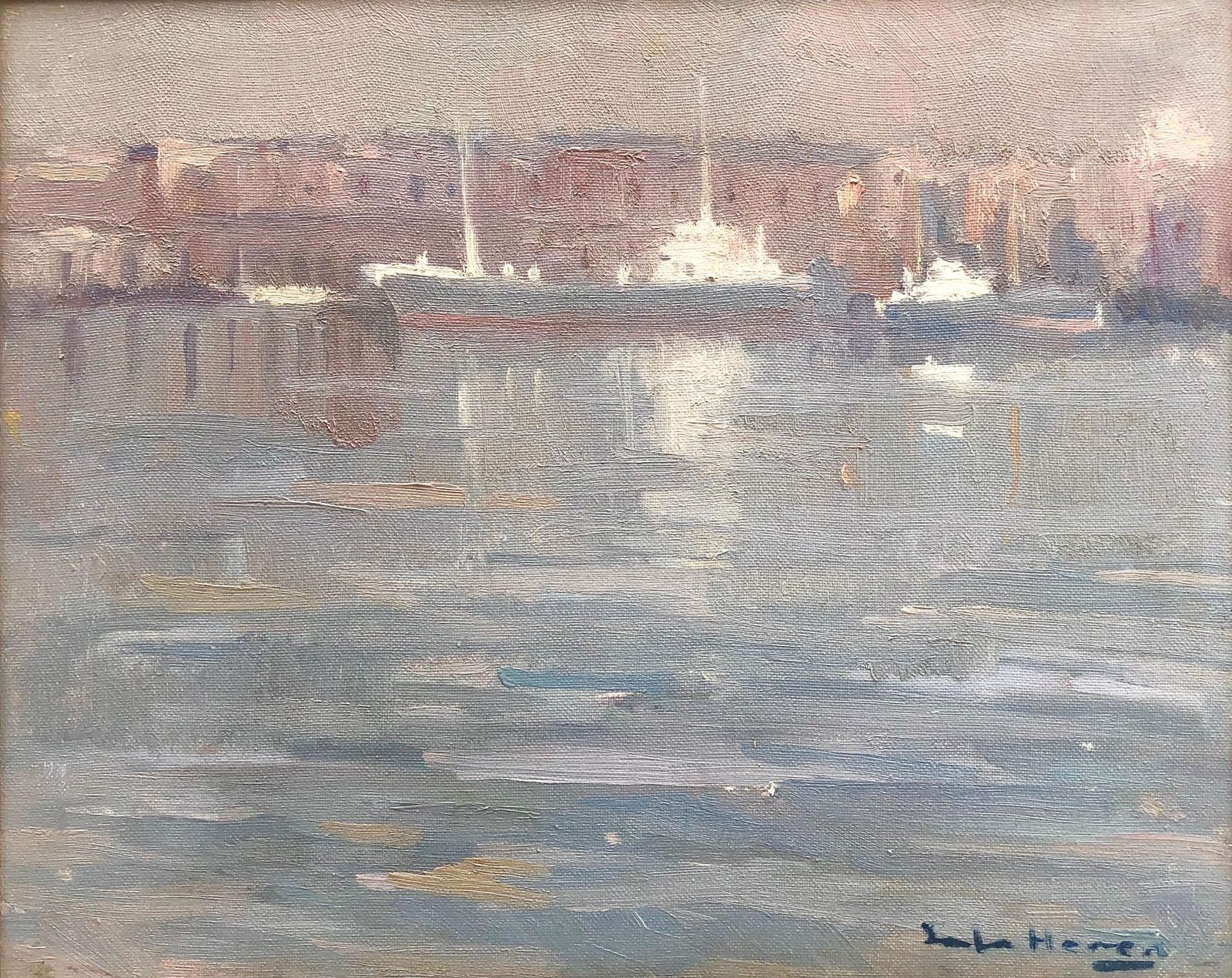 Antonio Sala Herrero Mediterranean Harbor Barcelona Marina Coastal Oil Painting Port Scene 1974