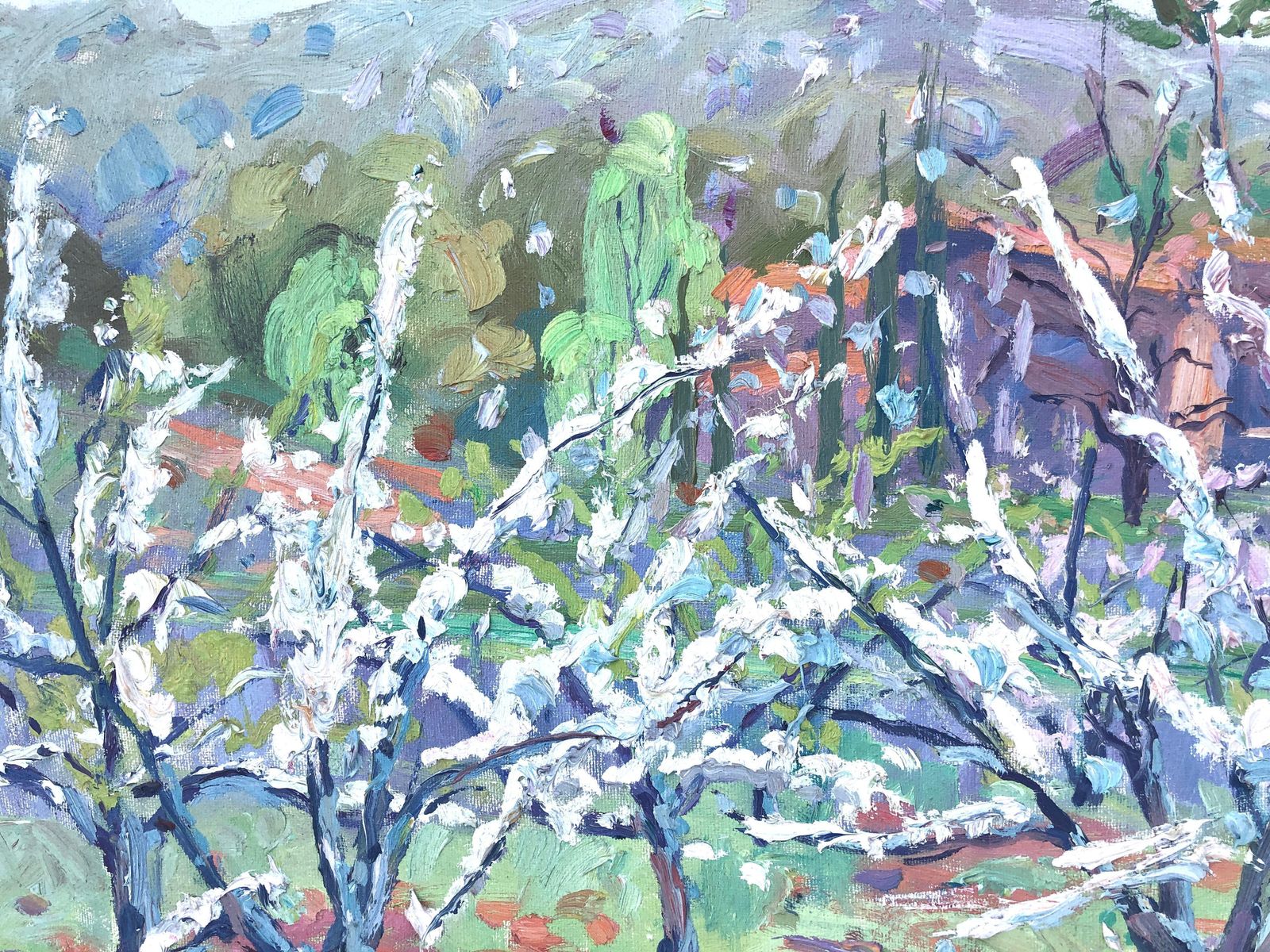 Juan Varea Mediterranean Almond Blossom Landscape Riells Catalonia Spanish Impressionist Oil Painting 1992 photo buy