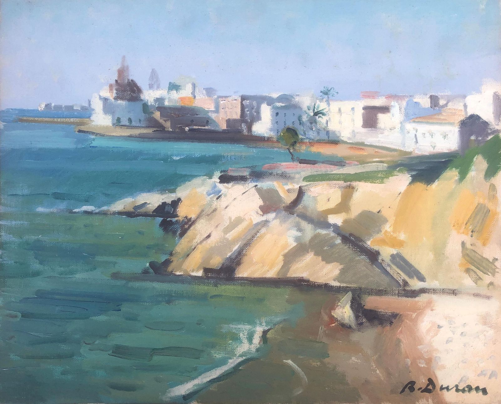Rafael Duran Benet Mediterranean Coastal View Of Sitges Harbor Oil Painting Post Impressionist Art C.1990