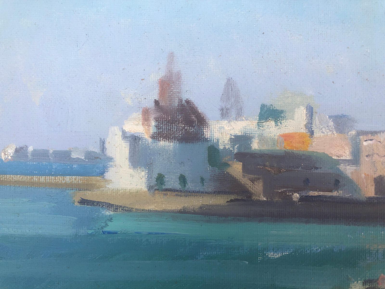 Rafael Duran Benet Mediterranean Coastal View Of Sitges Harbor Oil Painting Post Impressionist Art C.1990 photo for sale