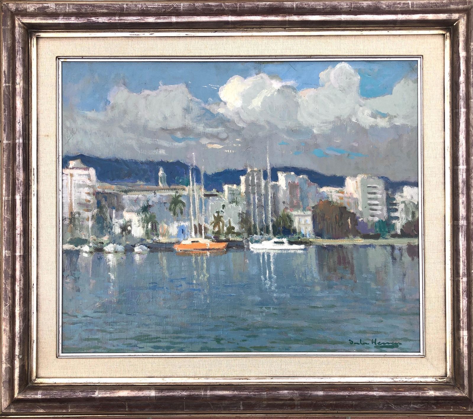 Antonio Sala Herrero Mediterranean Marina Spain Oil On Canvas Painting C.1980 photo furniture