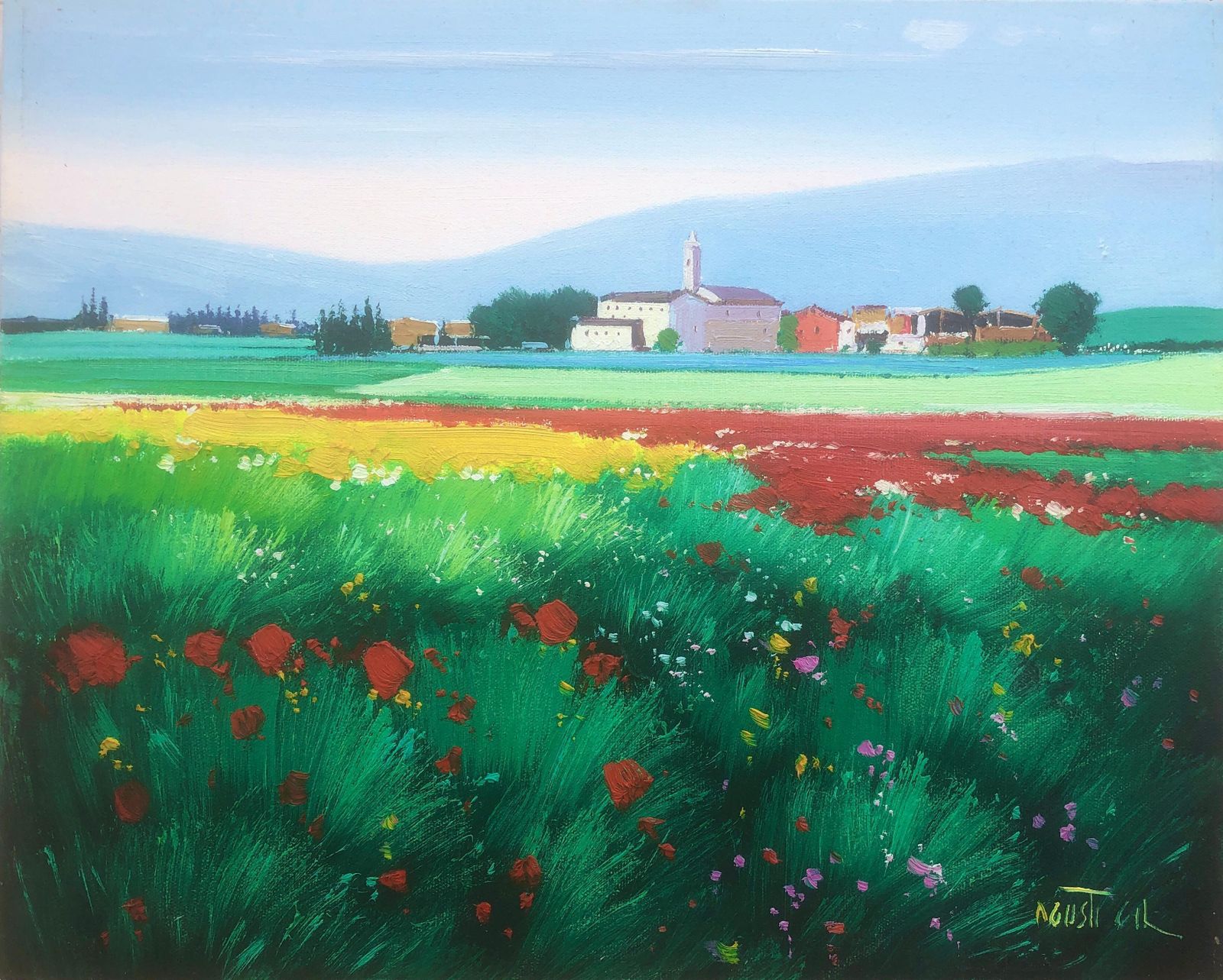 Agusti Gil Flowery Landscape Oil On Canvas Painting Spain Spanish Town C.2000