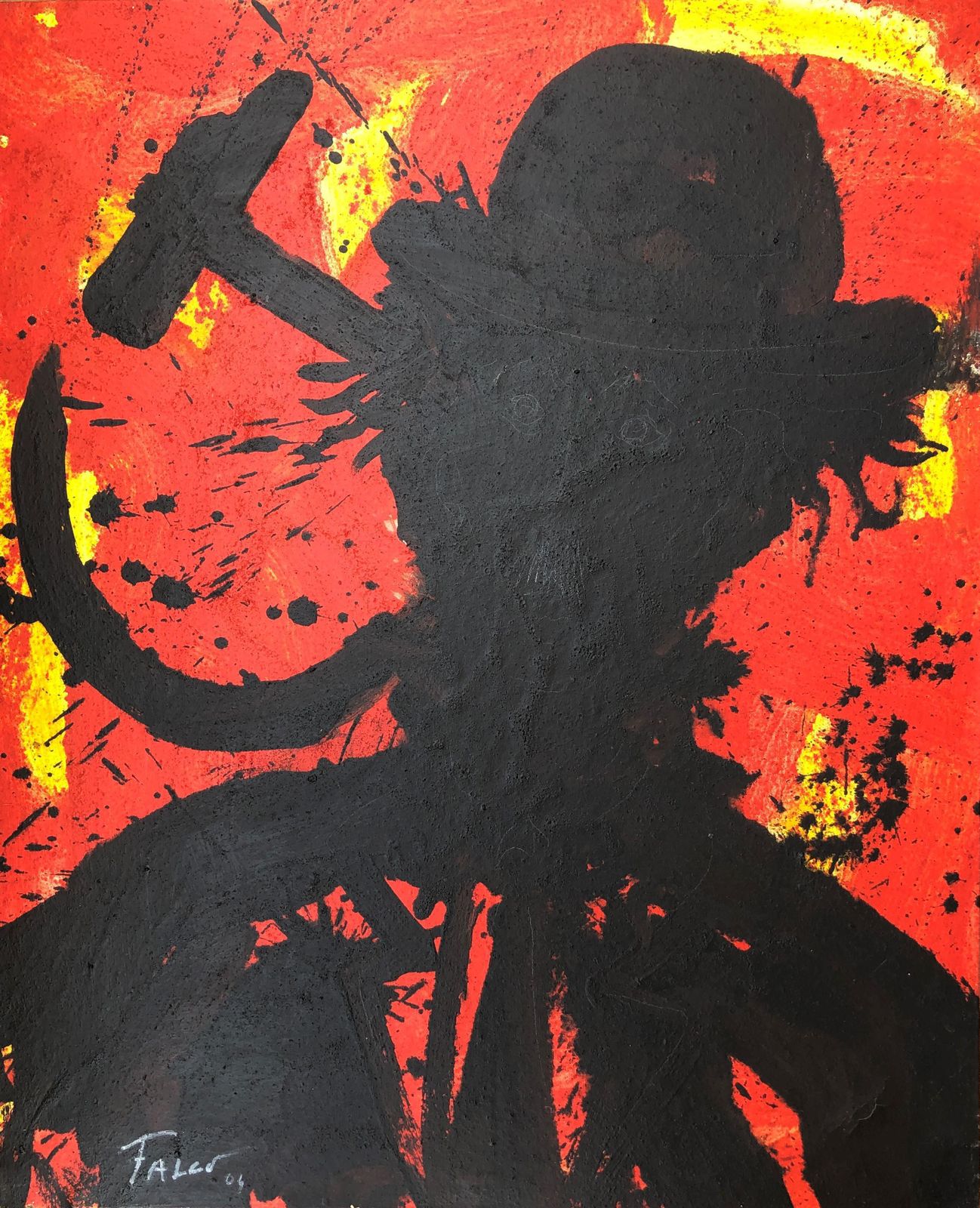 Joaquim Falco Large Expressionist Charlie Chaplin Portrait Painting, Red Black Figurative Oil On Canvas 2004