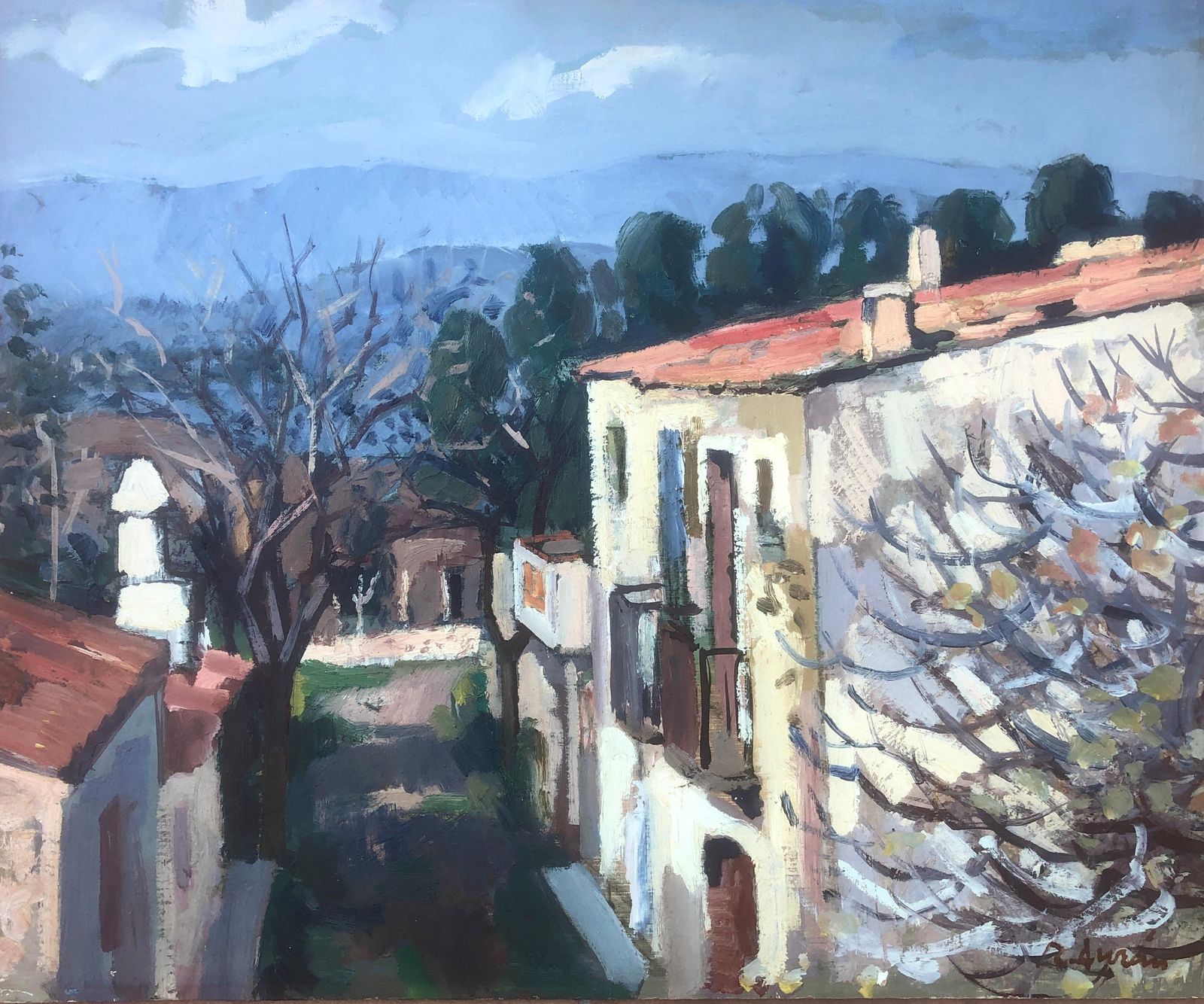 Rafael Duran Benet View Of Spanish Town Spain Oil On Board Painting Landscape C.1980
