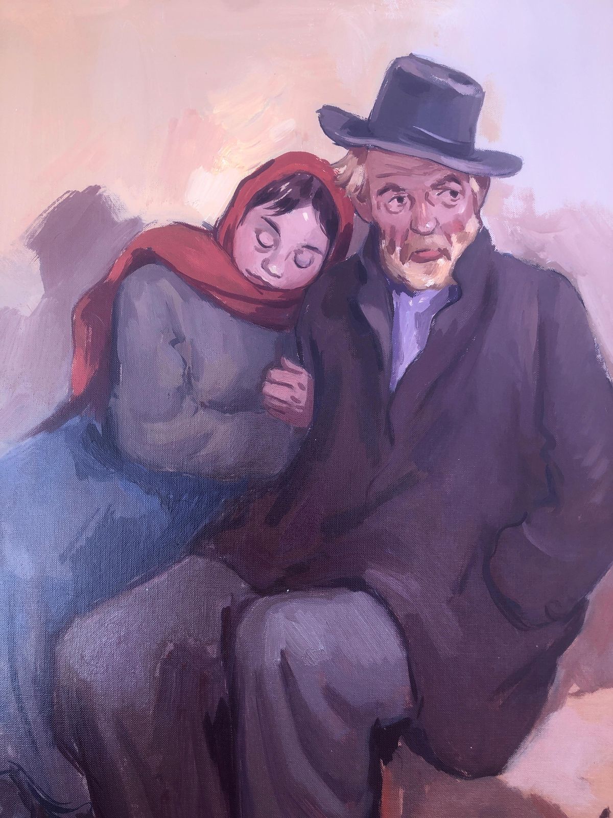 Albert Roca Mediterranean Figurative Painting Of Vagabond And Daughter Spanish Modern Oil C.1990 photo buy