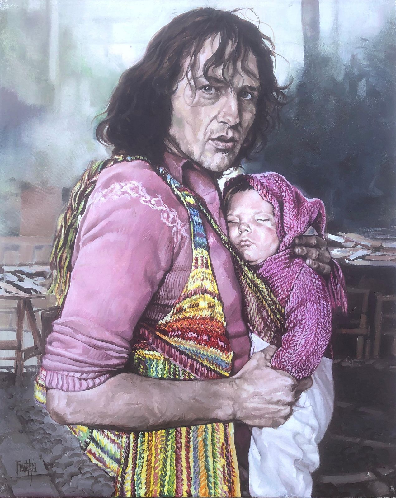 José Luis Fuentetaja Paternity – Olie  En Acrylverf Op Doek – Realisme – Spanje, Sitges, Jaren 1970, Ca. 1980