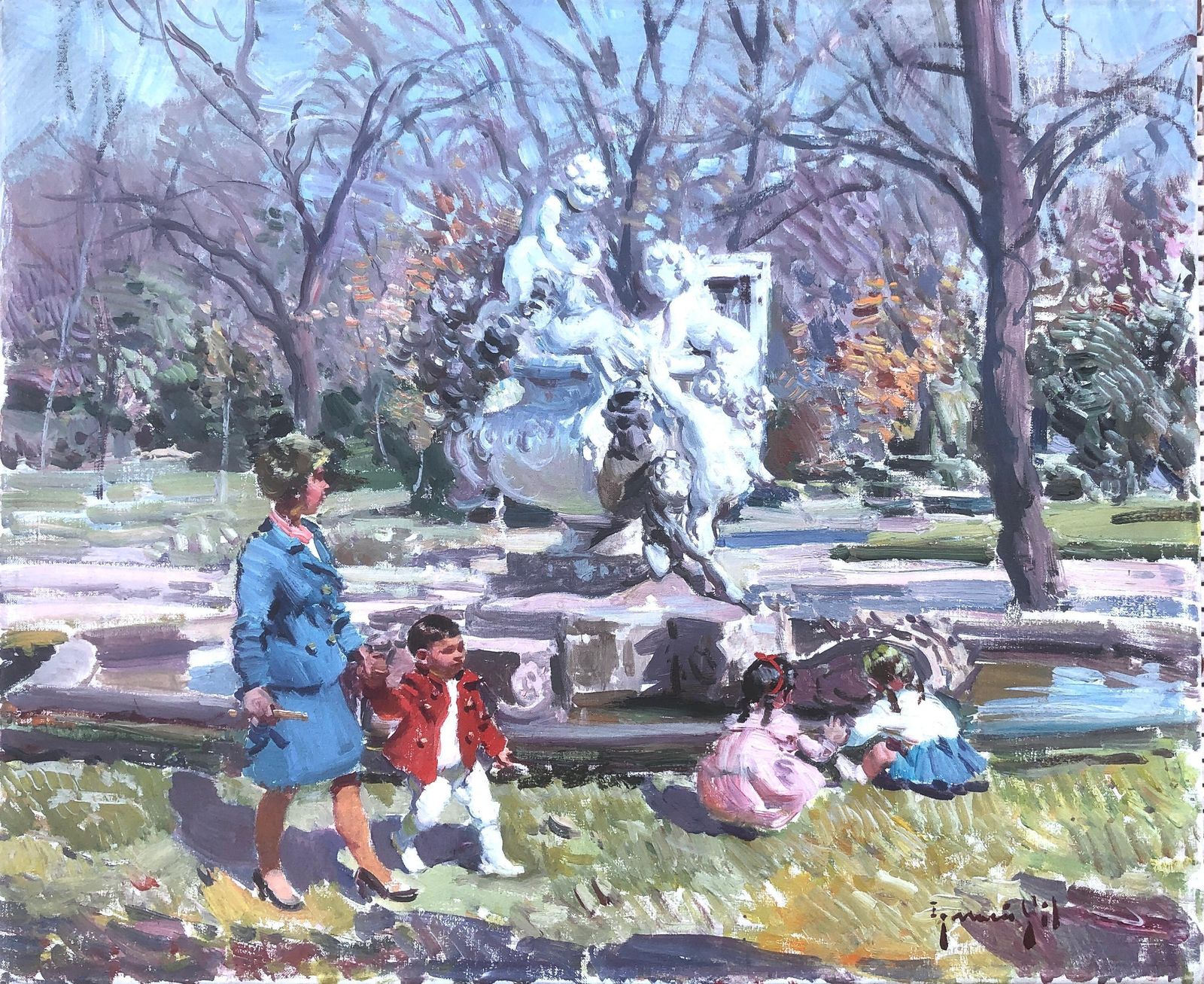 Ignacio Gil Sala Children Playing In The Park Barcelona Spain Oil On Canvas Painting C.1985