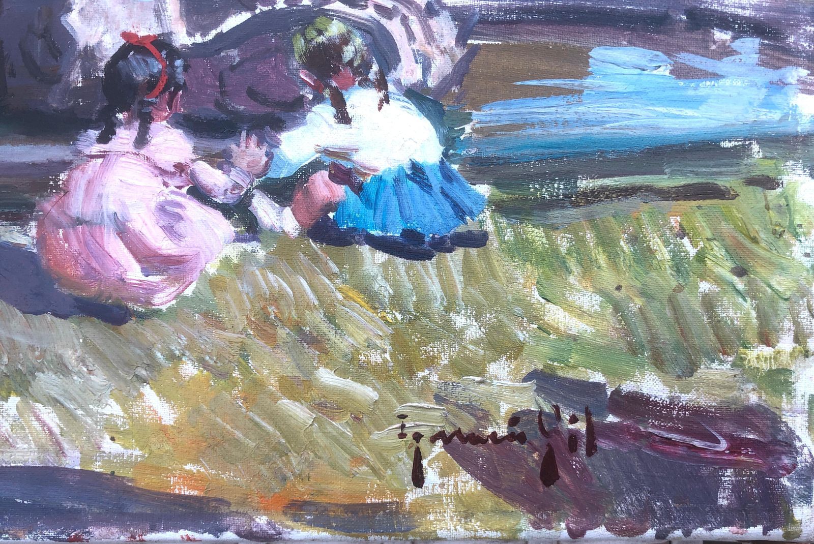 Ignacio Gil Sala Children Playing In The Park Barcelona Spain Oil On Canvas Painting C.1985 photo furniture