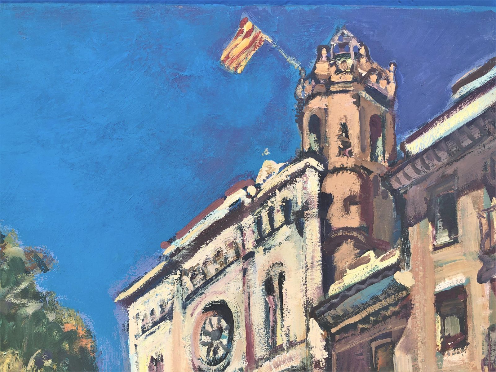 Josep Moscardo Mediterranean Town Square Painting Church Plaza Catalonia Spain Large Oil Canvas 2003 photo vinterior
