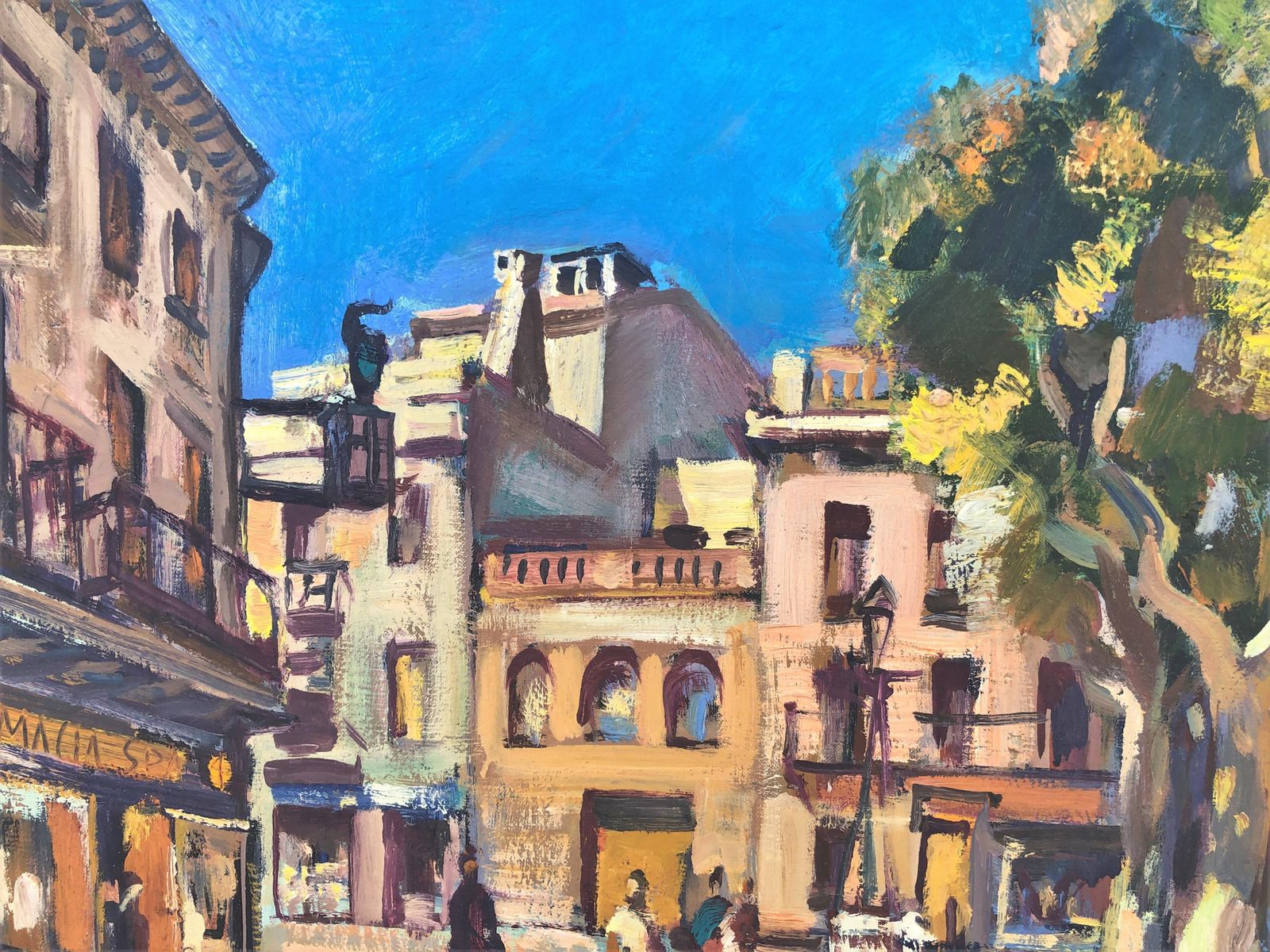 Josep Moscardo Mediterranean Town Square Painting Church Plaza Catalonia Spain Large Oil Canvas 2003 photo buy