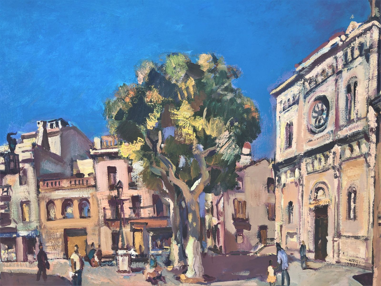 Josep Moscardo Mediterranean Town Square Painting Church Plaza Catalonia Spain Large Oil Canvas 2003 photo vintage