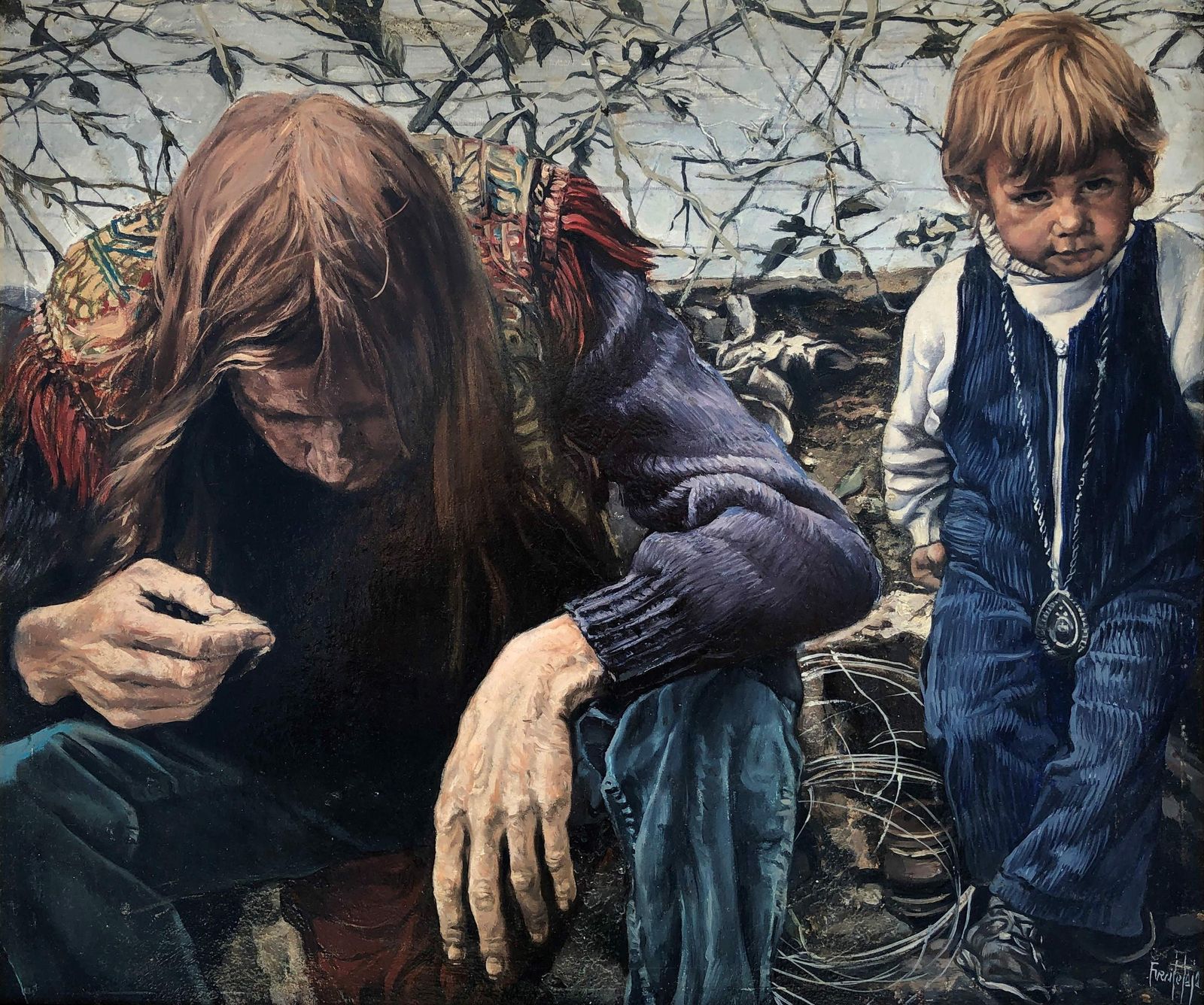 José Luis Fuentetaja Figurative Realist Acrylic Painting, Hippie Era Scene, Spanish Art 1980s Framed