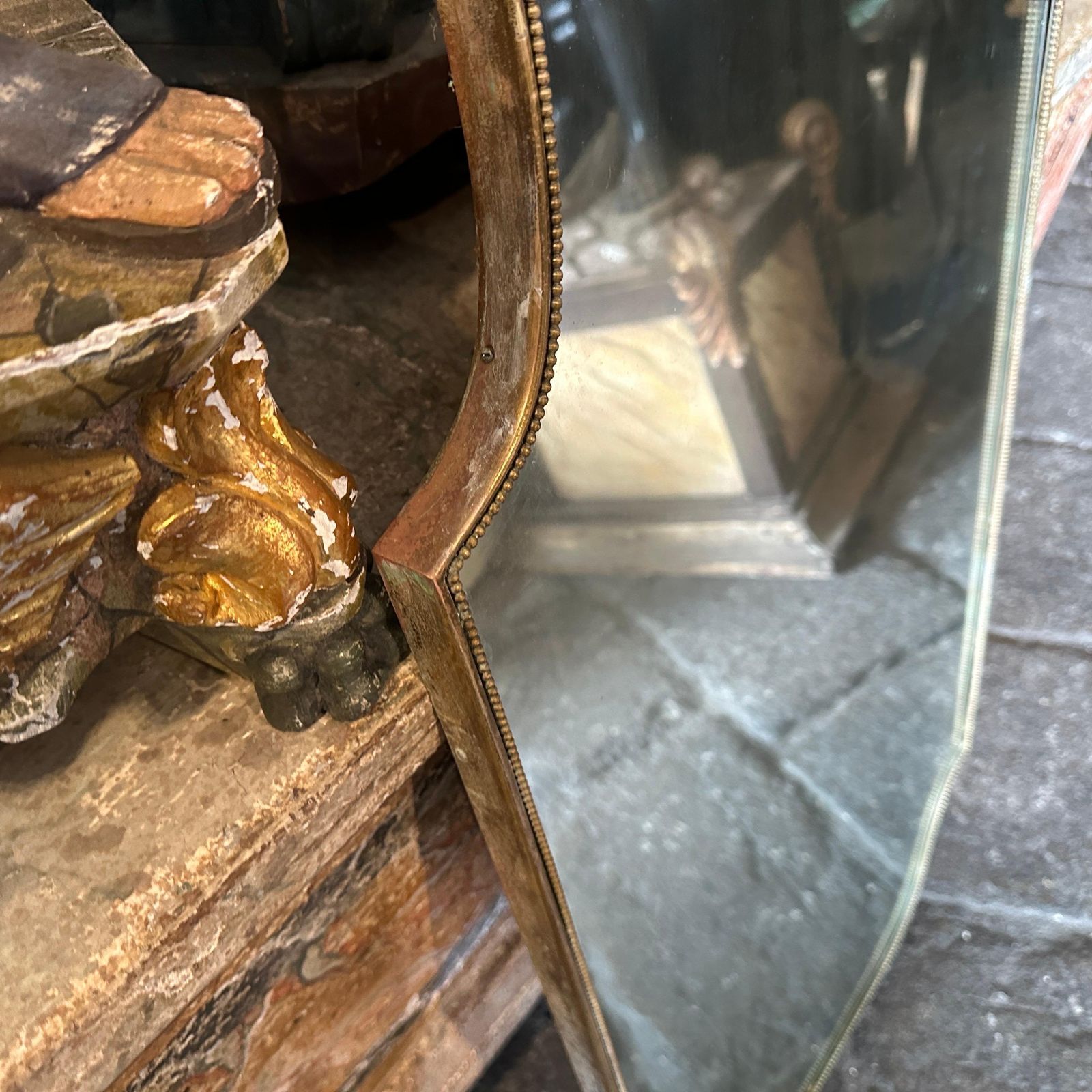 1960s Gio Ponti Style Mid Century Modern Brass Shield Italian Wall Mirrror photo for sale